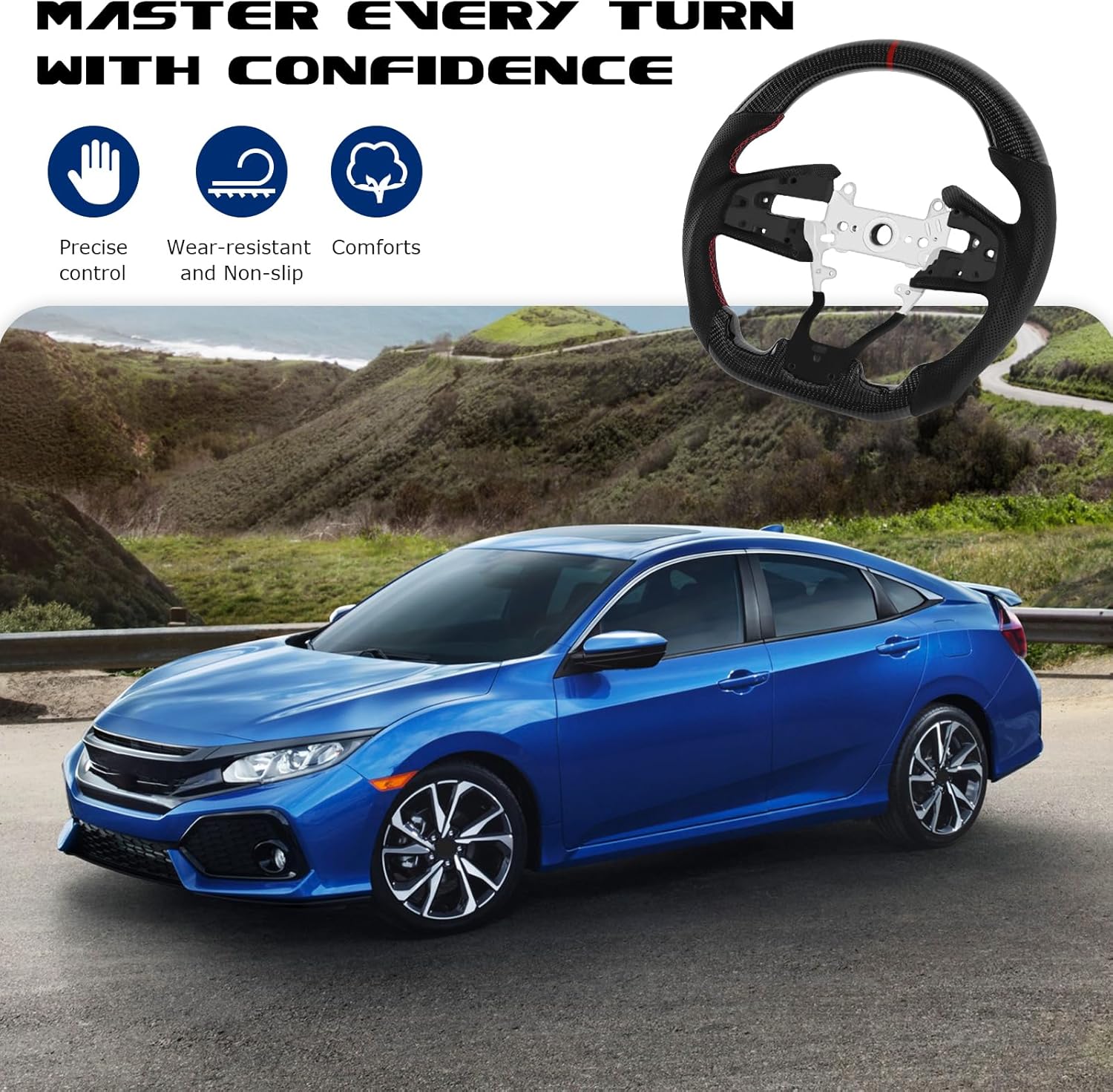 Real Carbon Fiber Steering Wheel D-shaped Nappa With stitching Perforated Leather Flat-bottom Steering Wheel For Honda Civic 10th Gen 2016-2021 Type R North American Spec