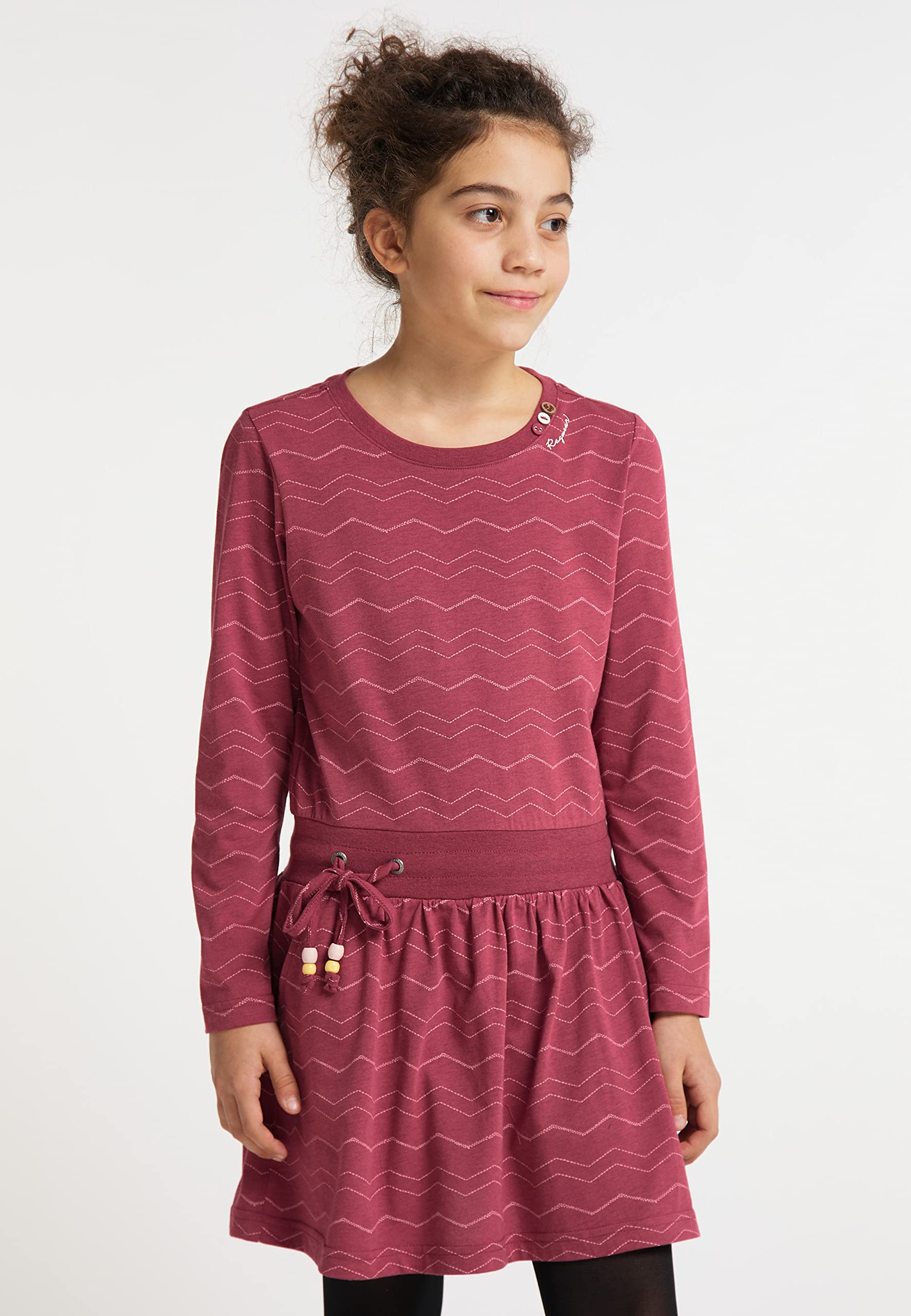 Ragwear Mädchen Kleid langärmelig mit Chevron-Muster, Kordel in der Taille, Taschen, 100% vegan, ideal für Schule und Freizeit