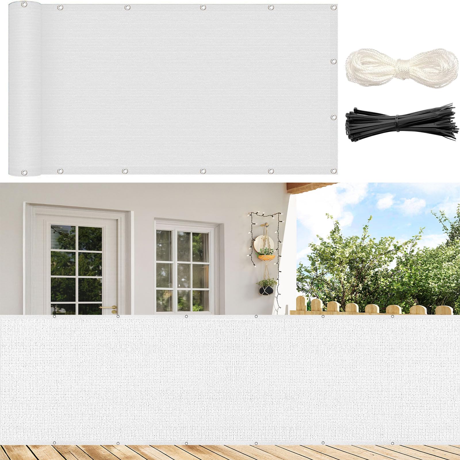 Brise-vue de balcon anti-UV et bâche blanche coupe-vent respirante avec attaches