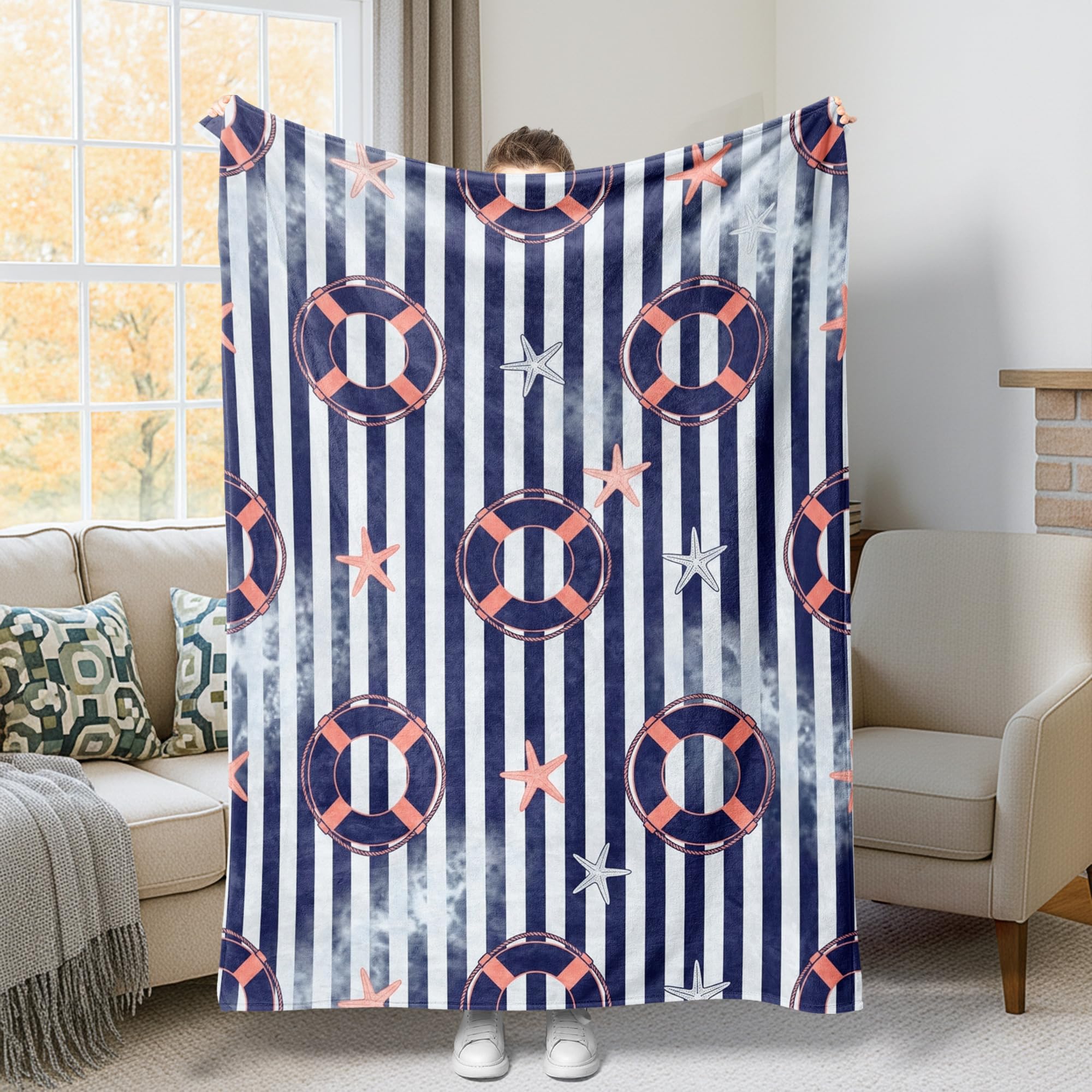 Couverture plaid polaire marine 127x152 cm à rayures pour lit et canapé