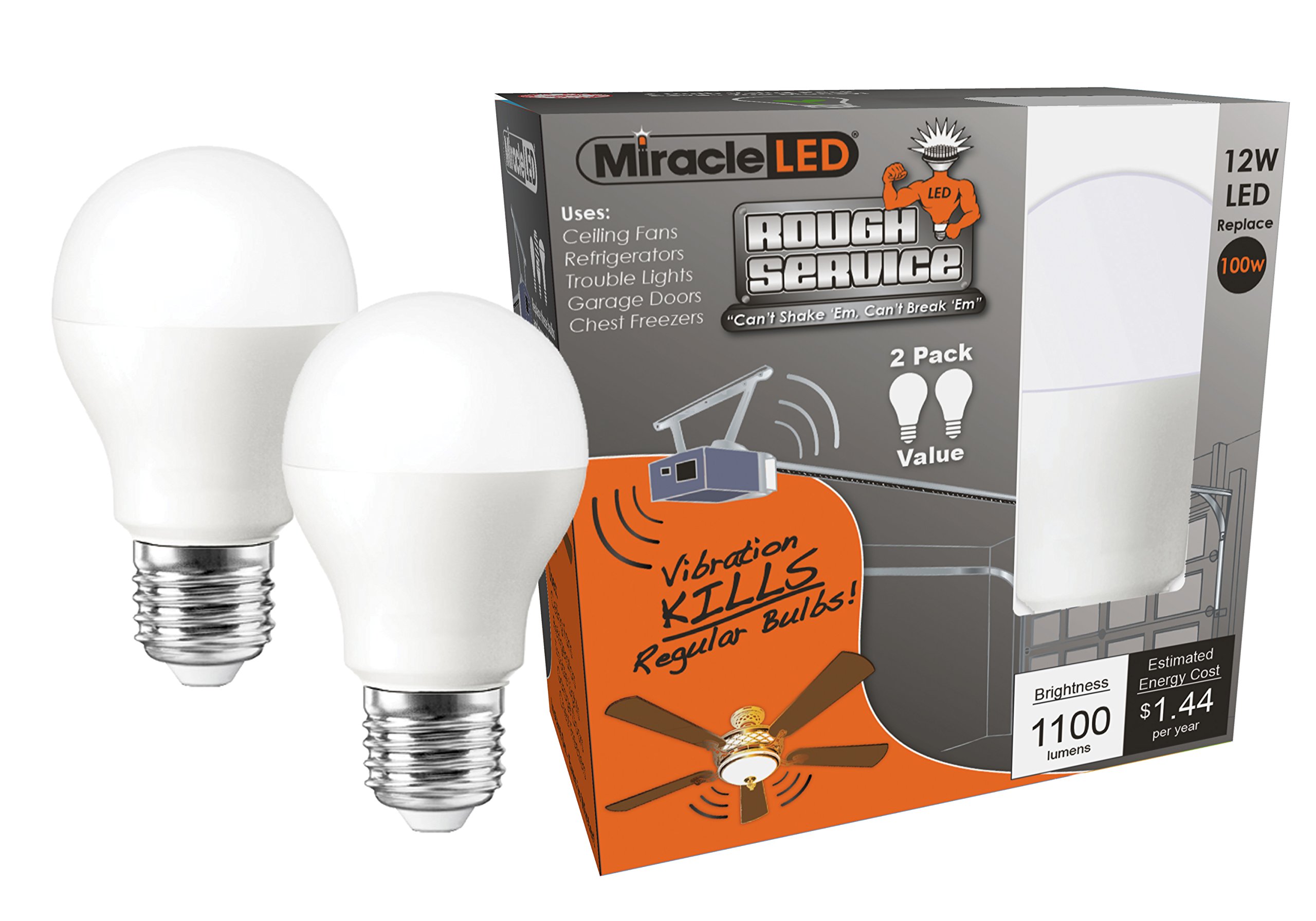 Miracle LED 606761 LED 100W Household Replacement (2-Pack) Rough Service, Daylight Bright White, A19, E26, 2 Piece