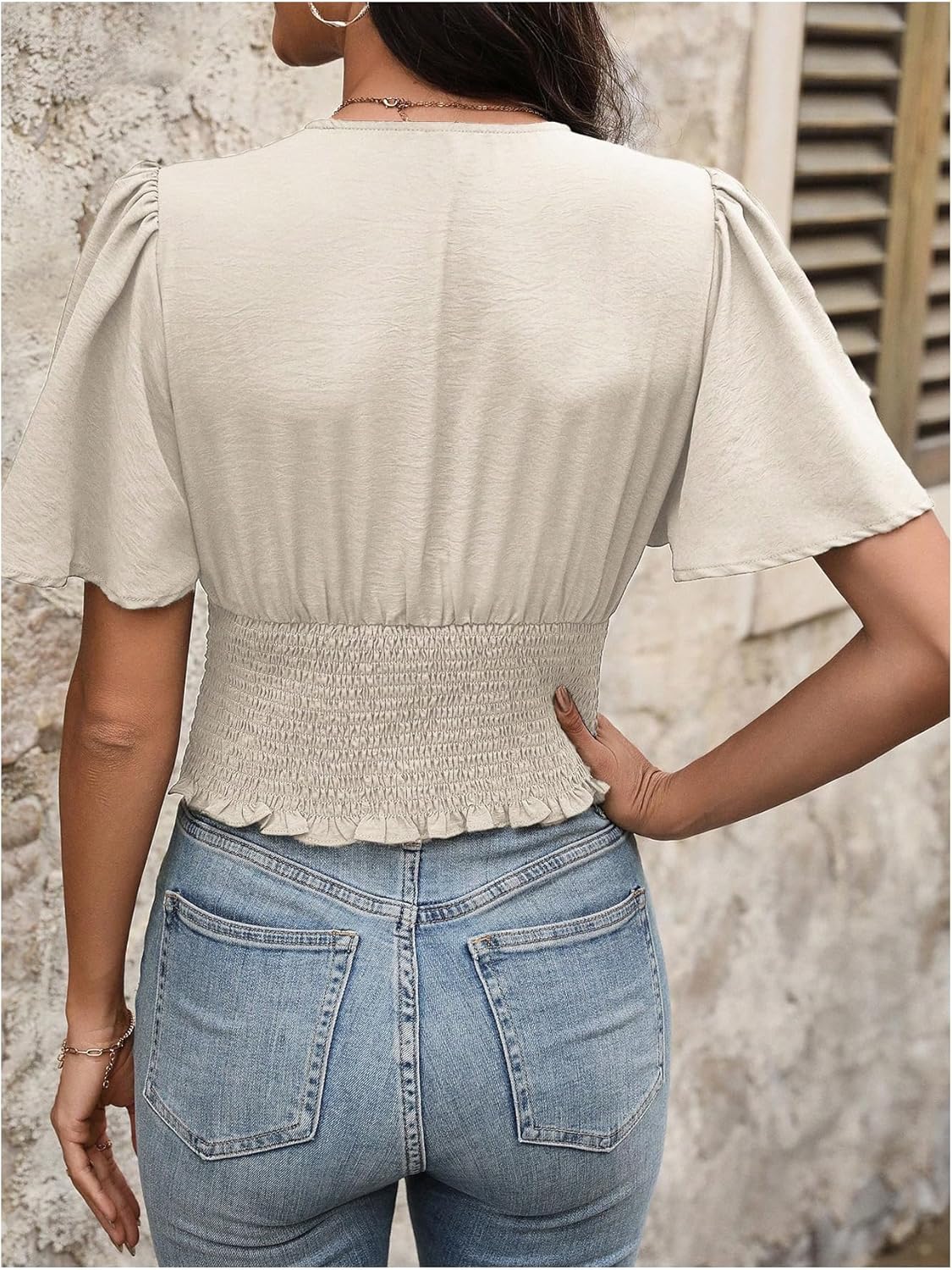 SHENHE Women's Sexy Cropped Blouse Top Deep V Neck Fitted Going Out Tops Y2k Ruffle Sleeve T Shirt