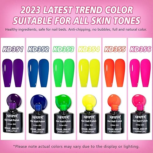 Miniatura 3 de Kit de esmalte de uñas de gel neón con luz UV, 6 colores, rosa intenso, azul, morado, arco iris, lámpara LED de uñas de 54 W, capa base y capa