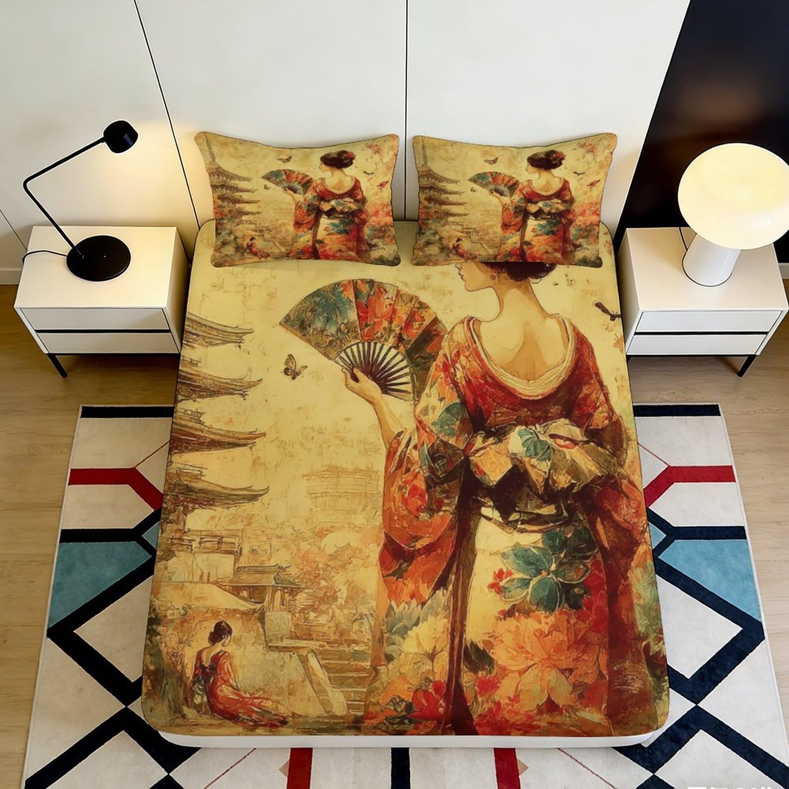 3D Printed Vintage Geisha Fitted Sheet Microfiber Soft Decorative Oriental Fan Bed Cover for Bedroom Guest Room Dorm 90x200x25cm