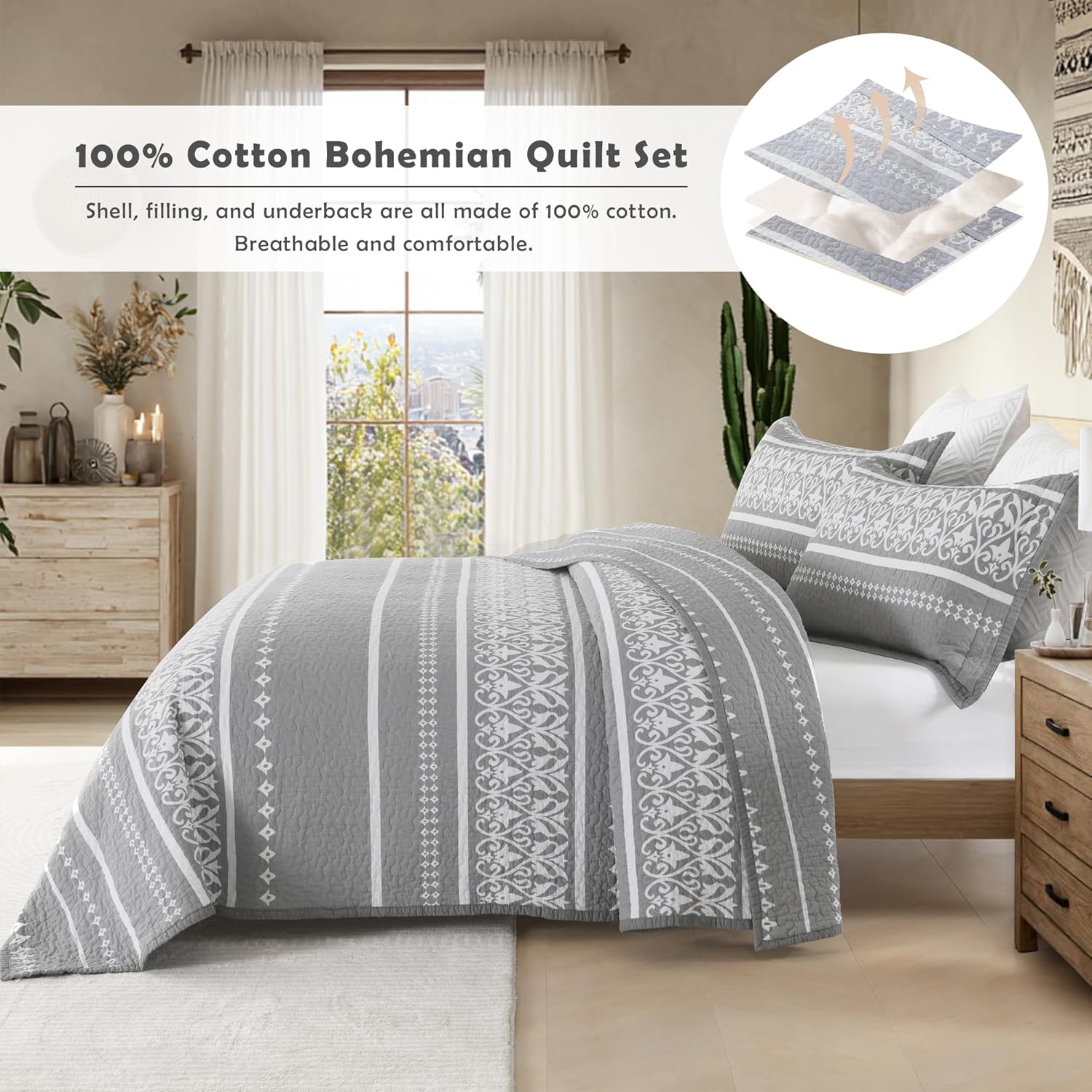 100% Cotton Queen Quilt Set - Gray & White Boho Bedding Set - Bohemian Striped Pattern Quilts with 2 Shams - Lightweight Bedspread Set for Spiring and Summer 3-Piece | Breathable, Boho Decor