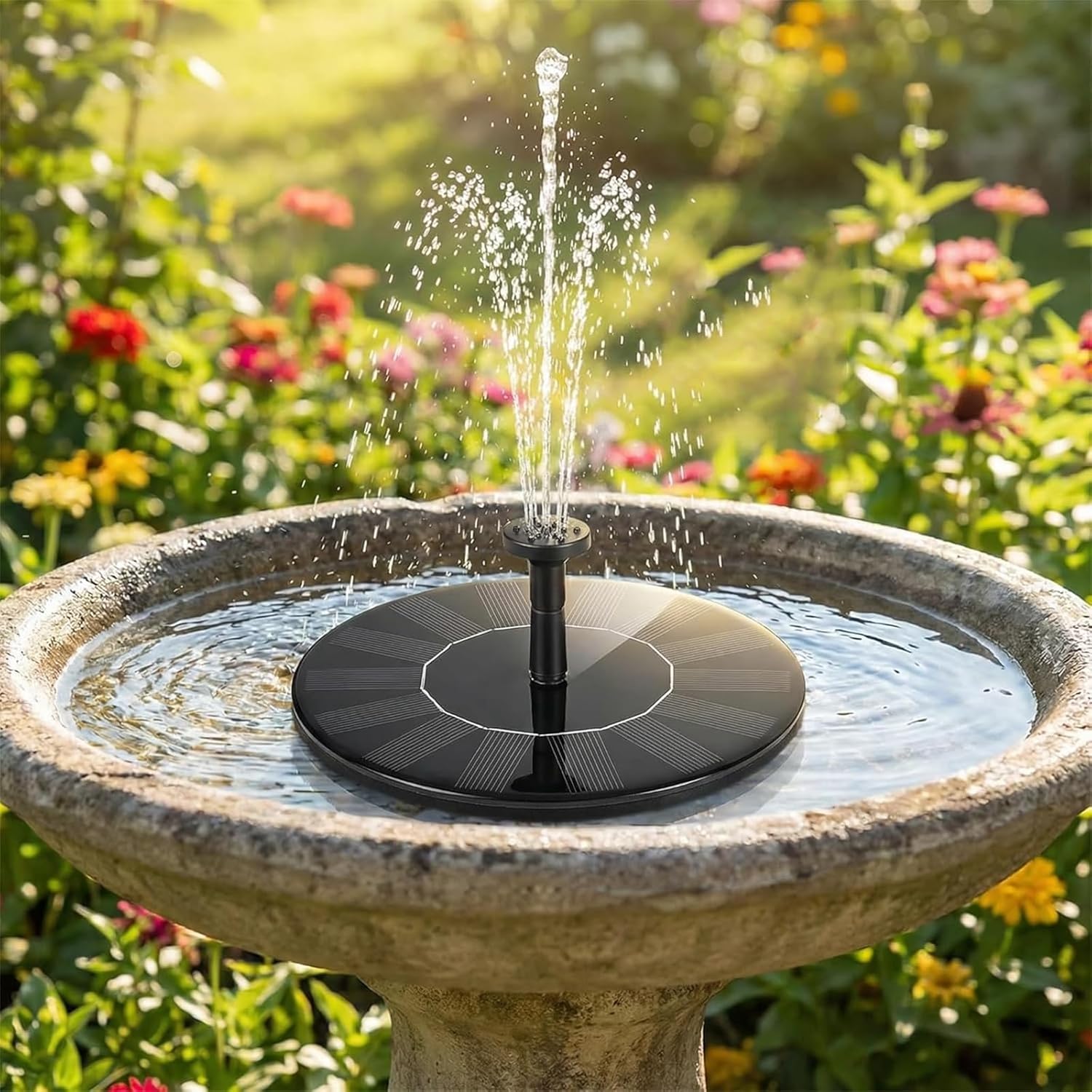 Mini Birdbath Water Pump, Solar Fountain for Bird Bath Different Spray Effects with 6 Nozzles, Floating Mini Solar Water Fountain for Garden Fish Tank Backyard(5.1in)