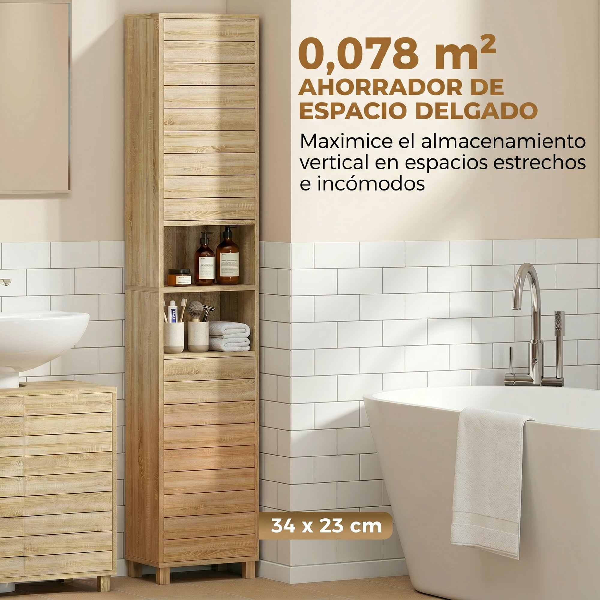 HOMCOM Armario de Baño Alto para Espacios Pequeños 34x23x170 cm Natural | Mueble Auxiliar de Baño Estrecho, Estantes Ajustables, Puertas de Lamas Apertura por Presión, Estantes Abiertos