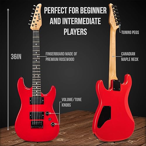 Miniatura 5 de LyxPro Guitarra eléctrica de 36 pulgadas y kit para niños con guitarra para principiantes de tamaño 3/4, amplificador, seis cuerdas, dos púas, Rojo