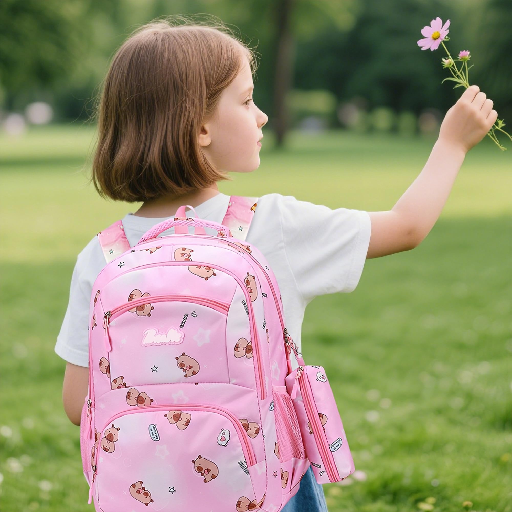 Zaino Scuola Bambina Rosa con Trousse Coordinata Stampa Capybara 3 Scomparti Grandi Tasche Interne Spallacci Regolabili Zaino Oxford Impermeabile per Scuola Elementare Asilo Bambine (Rosa)