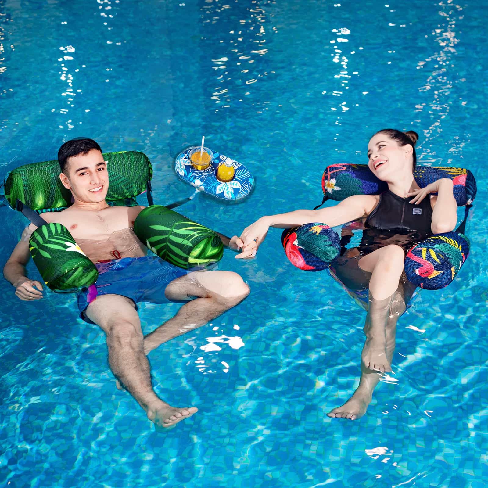 WERNNSAI Lot de 2 flotteurs de piscine gonflables pour adultes - En tissu avec porte-gobelets - Hamac d'eau réglable pour piscine, plage, lac, fête d'été