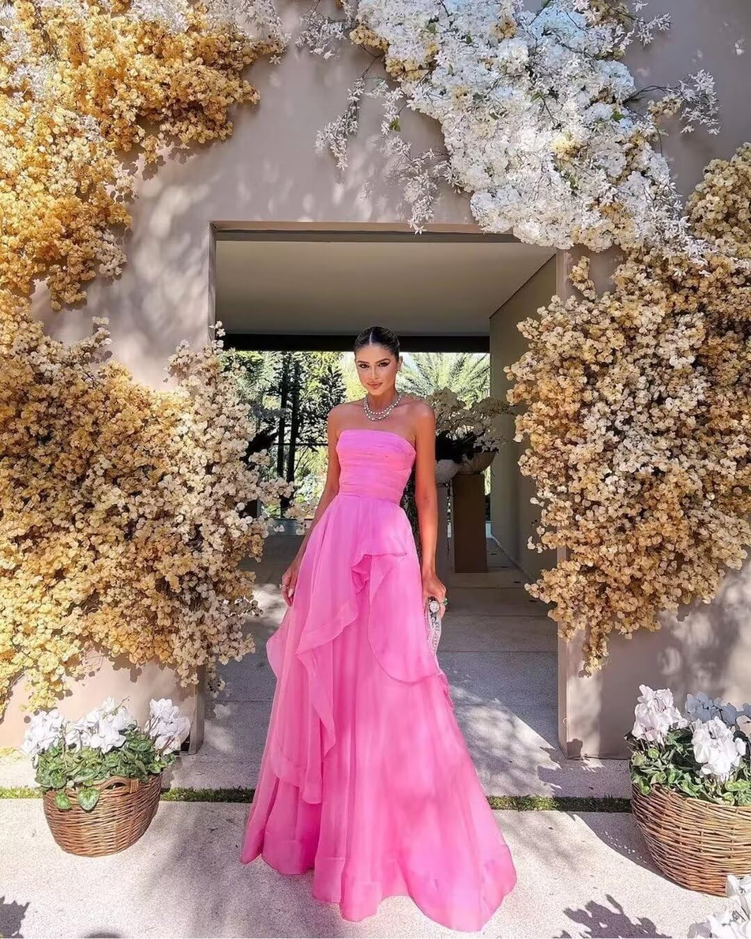 Generic Women's Long Sleeveless A line Prom Dress Strapless Chiffon Bridesmaid Dresses Formal Evening Gown Wedding Dresses