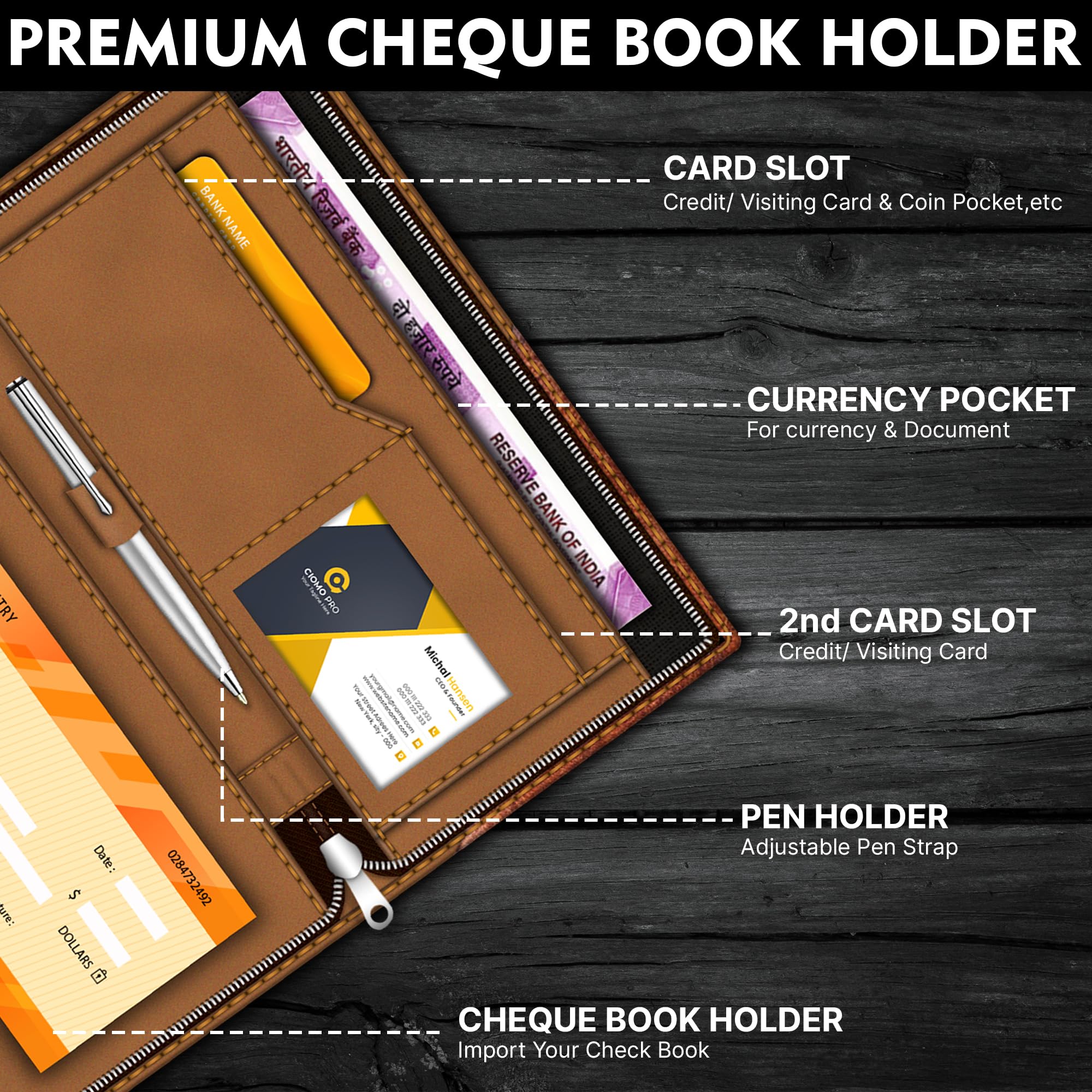 FEDUS Dual Brown Vegan Leather Expanding Handmade Multiple Cheque Book Holder for Cards, Women/Men Checkbook Wallet, Traveling Wallets, Documents Holder 1