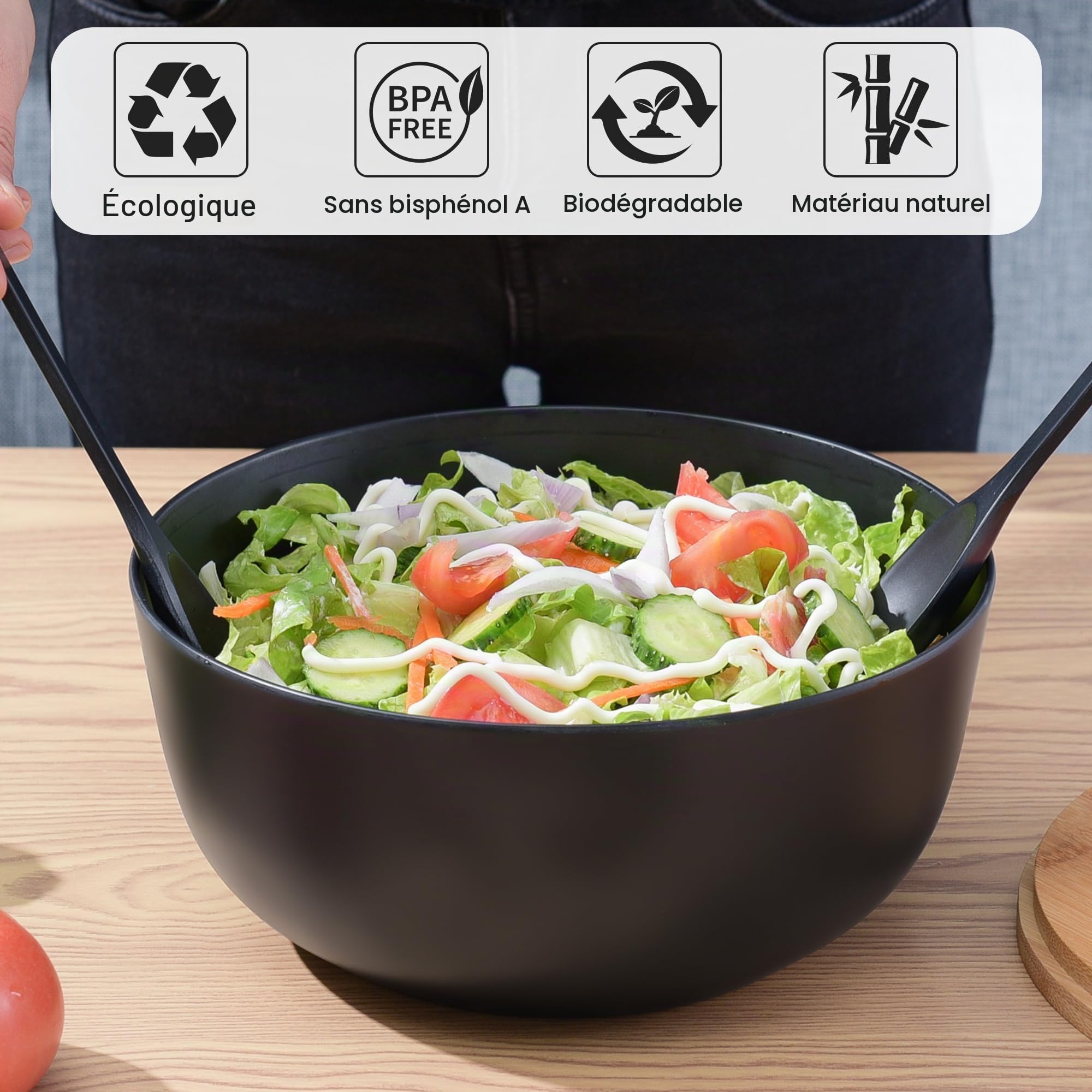 GEHE Saladier en Fibre de Bambou Avec Couverts - Grand Bol Mélangeur de 24,9 cm Avec Couvercle pour Fruits, Salades et Décoration (Noir)