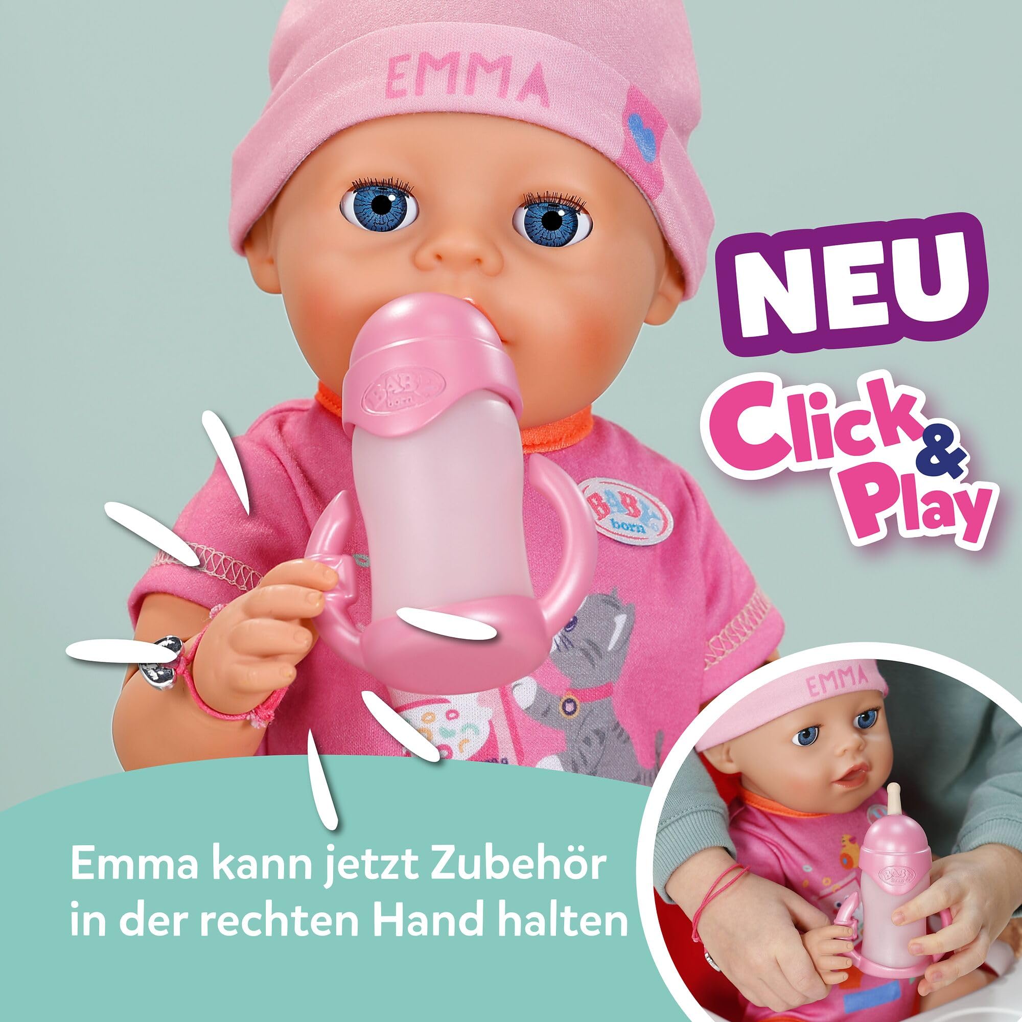 BABY Born Emma 43 cm Babypuppe mit Click & Play, 10 Funktionen | 8 Accessoires inklusive, funktioniert ohne Batterien, bewegliche Arme, ab 3 Jahren