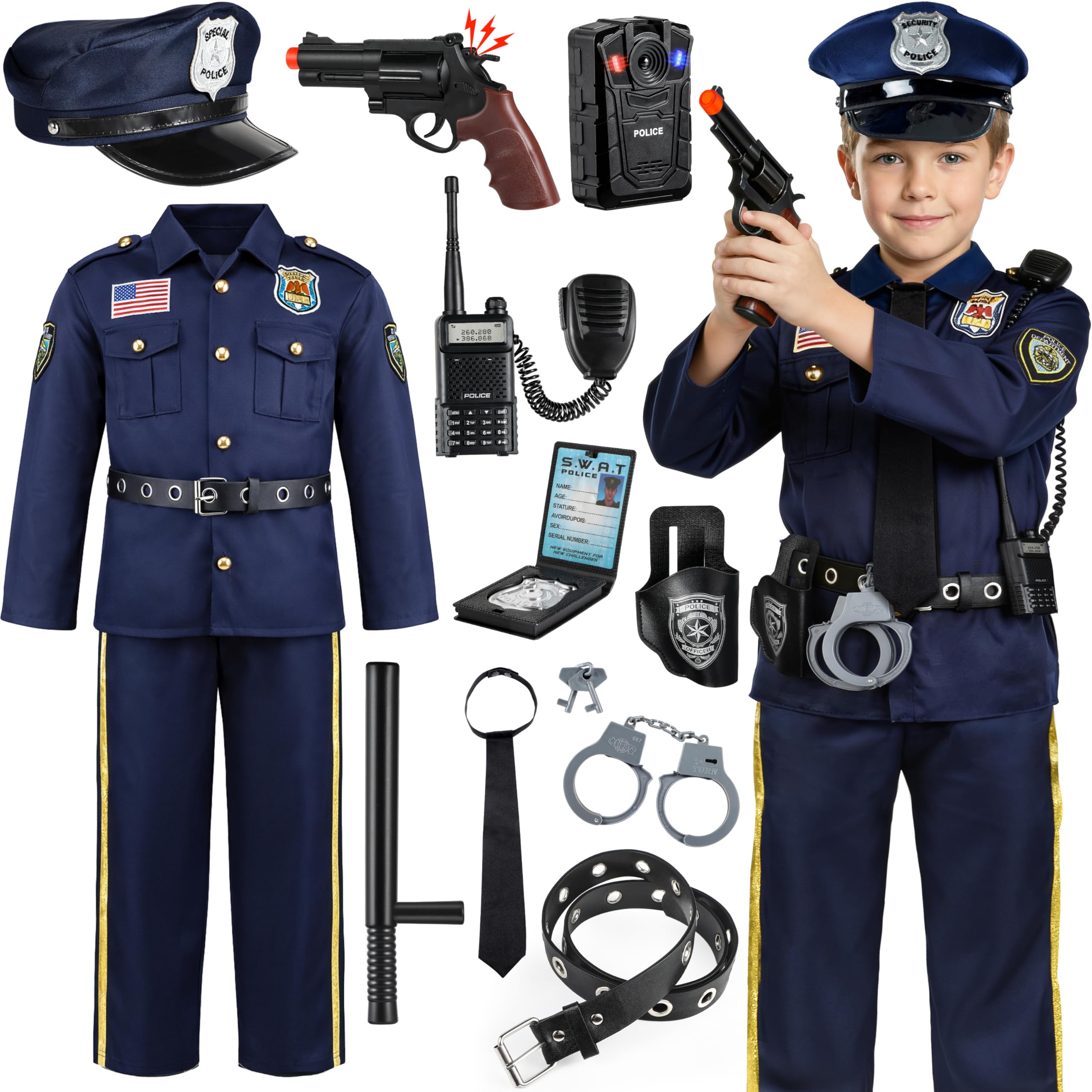 Joycover Police Costume for Kids - Career Day Officer Costume for Boys Girls with Toy Accessories, Toddler Kids Halloween Costumes, Cop Outfit Kit for Halloween Dress Up Pretend Roleplay -M