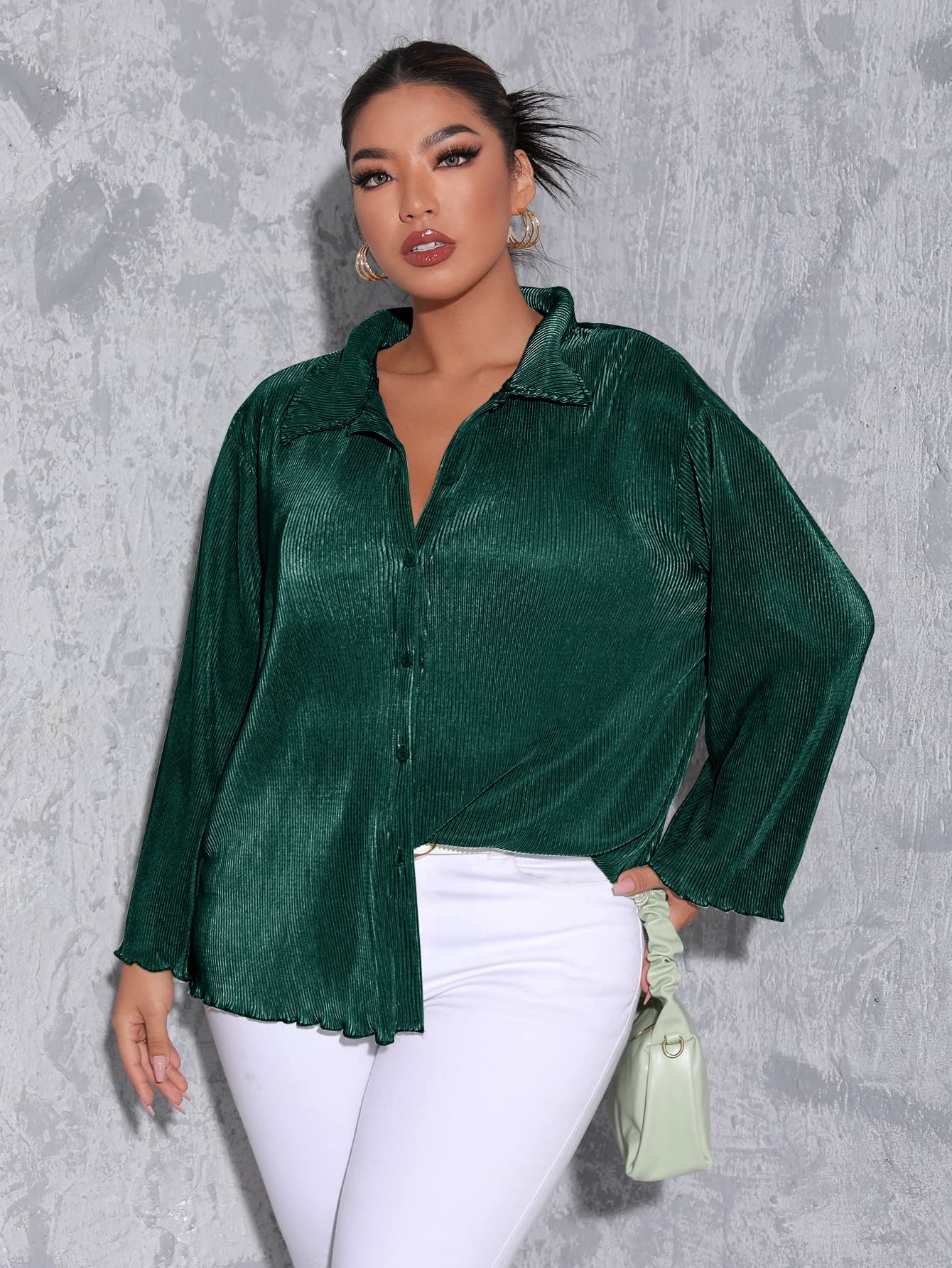 WOKEZPlus Solid Lettuce Trimed Blouse (Color : Dark Green, Size : 1XL)