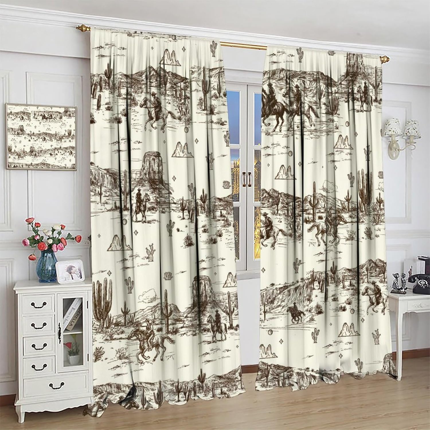 Vintage American Wilderness Western Cowboy Blackout Curtains for Bedroom,Sketch Style Western Cowboy Cacti Room Darkening Window Curtains with Rod Pocket - 2 Panels 63" L x 31.5" W
