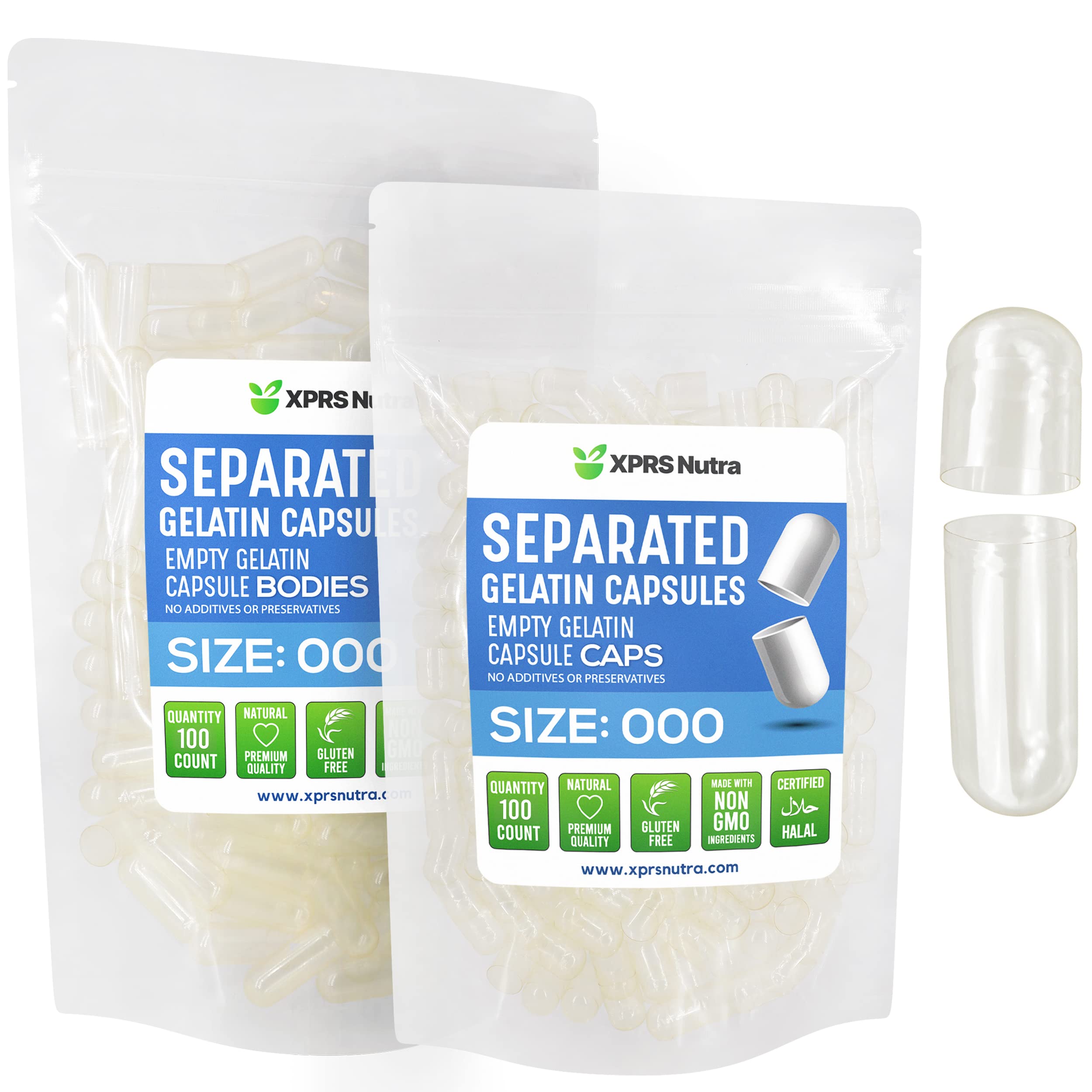 XPRS Nutra Separated Capsules Size 000-100 Count Large Empty Gelatin Capsules Separated in Bags - Premium Clear Empty 000 Pills for DIY Supplement Filling 100 Count (Pack of 1)
