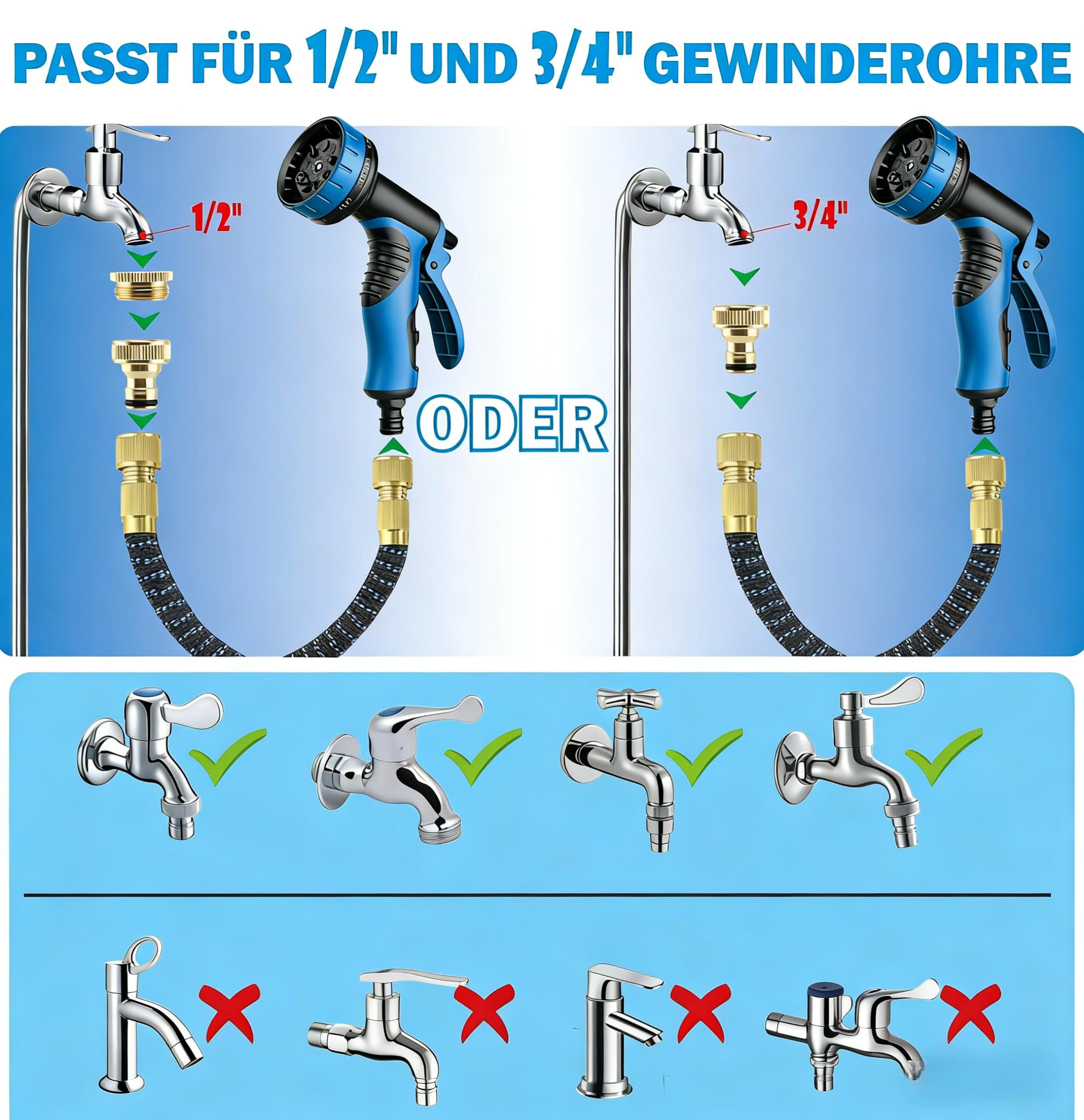 Flexibler Wasserschlauch, Gartenschlauch Flexibel, Bewässerungsschlauch, Dehnbarer Flexschlauc mit 1/2 zoll und 3/4 zoll Messingverschraubungen, 3-Fach Latex Balkonschlauch, Garden Hose (100FT)