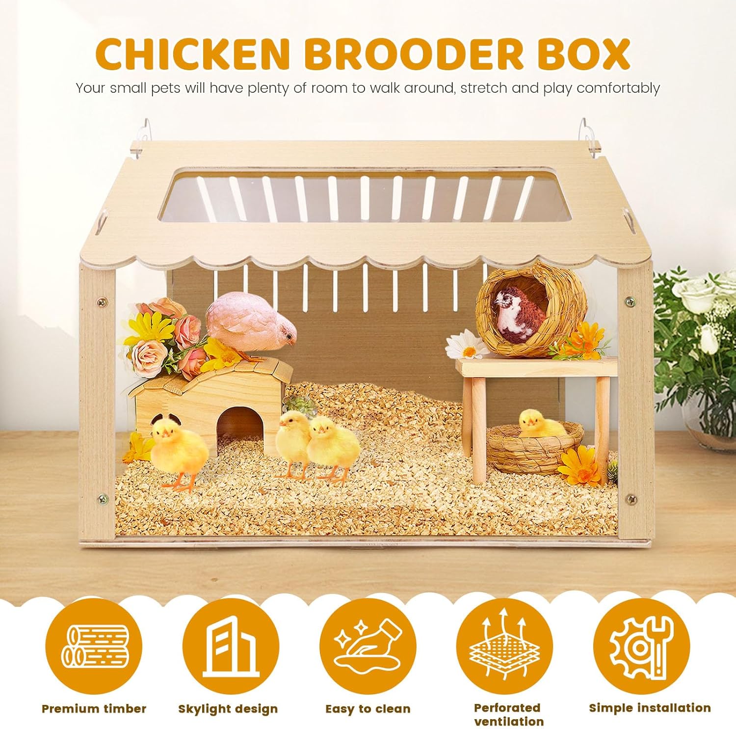 Chicken Brooder Box, Brooder Box for Chicks, Wooden Quail Cage for Hamsters, Ducklings, Hedgehogs and Lizards, Skylight Design Chick Coop, Baby Chicken Supplies (Only Box) (Transparent)