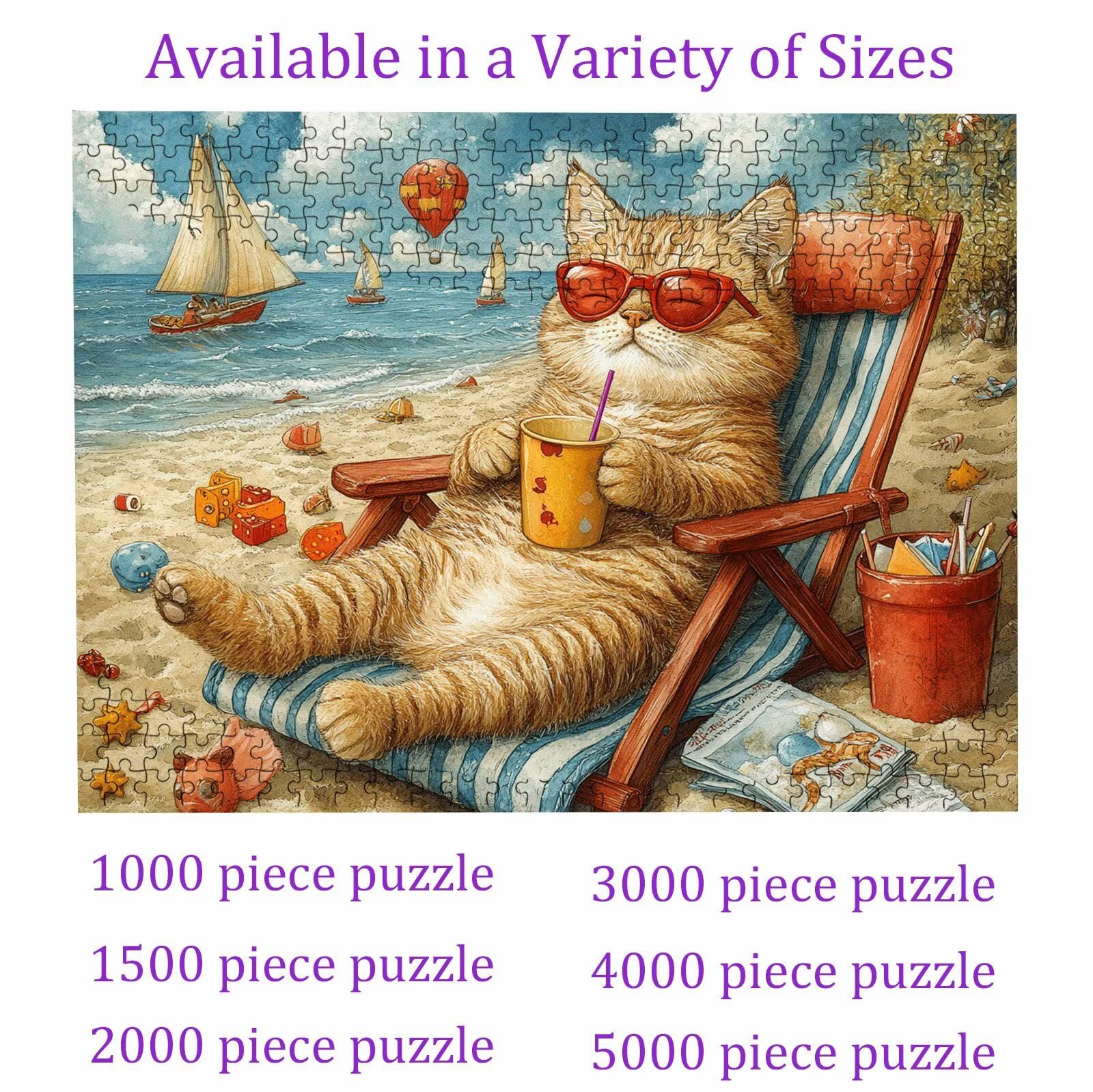 Puzzle 1000 elementów, puzzle 1000 elementów dla dorosłych, trudne puzzle, aktywność antystresowa i relaks, druk w wysokiej rozdzielczości, drewniane puzzle kot plażowy z wykwintnym pudełkiem do