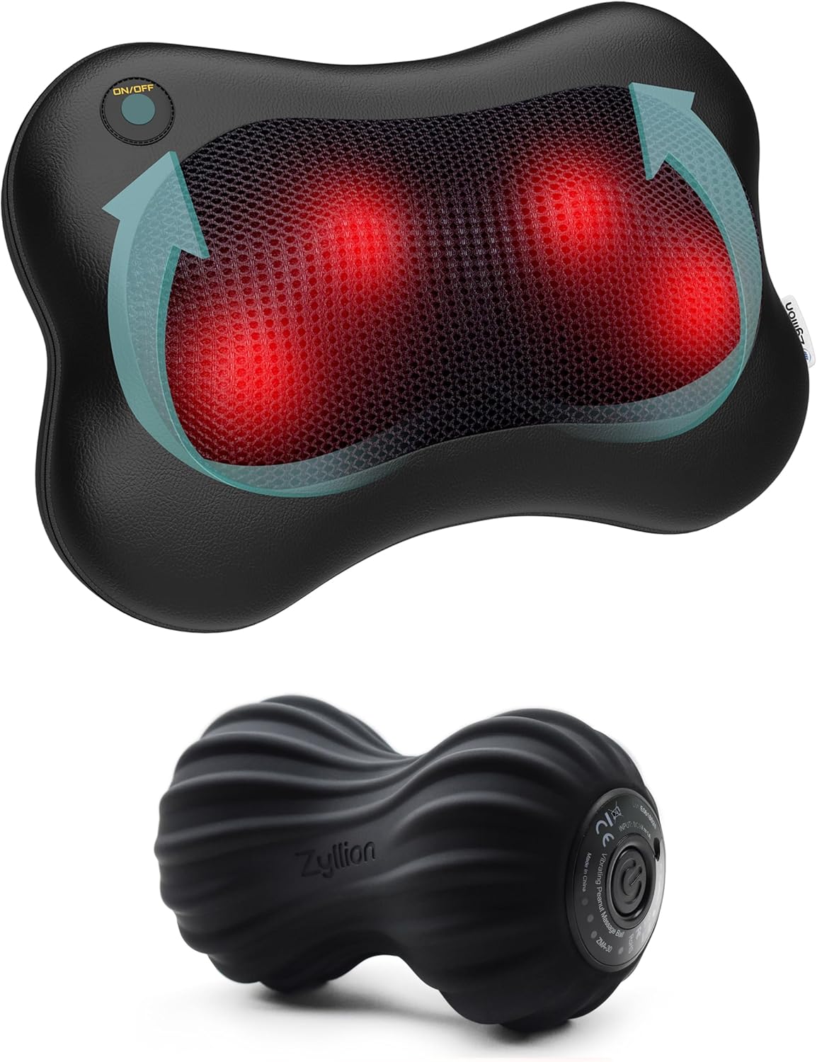 Zyllion Shiatsu Back Massager (Black) and Vibrating Peanut Massage Ball (Black) Bundle