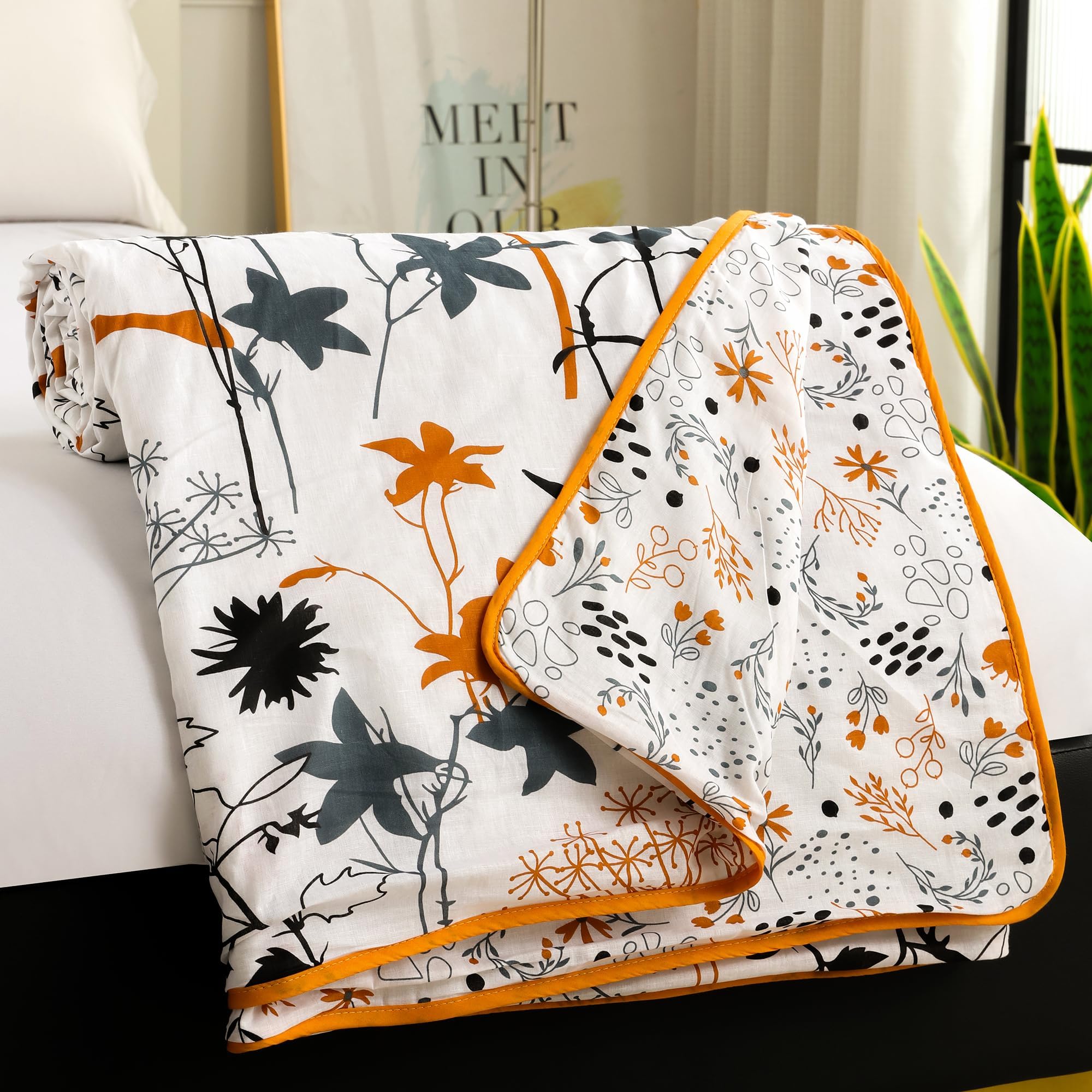 Story@Home Dohar Single Bed 100% Cotton AC Blanket for Summer|144x 220CM, 150GSM Ac Comforter and AC Blanket for Summer|Grey & Yellow Floral Pattern Reversible Duvet Quilt, All-Season Blanket