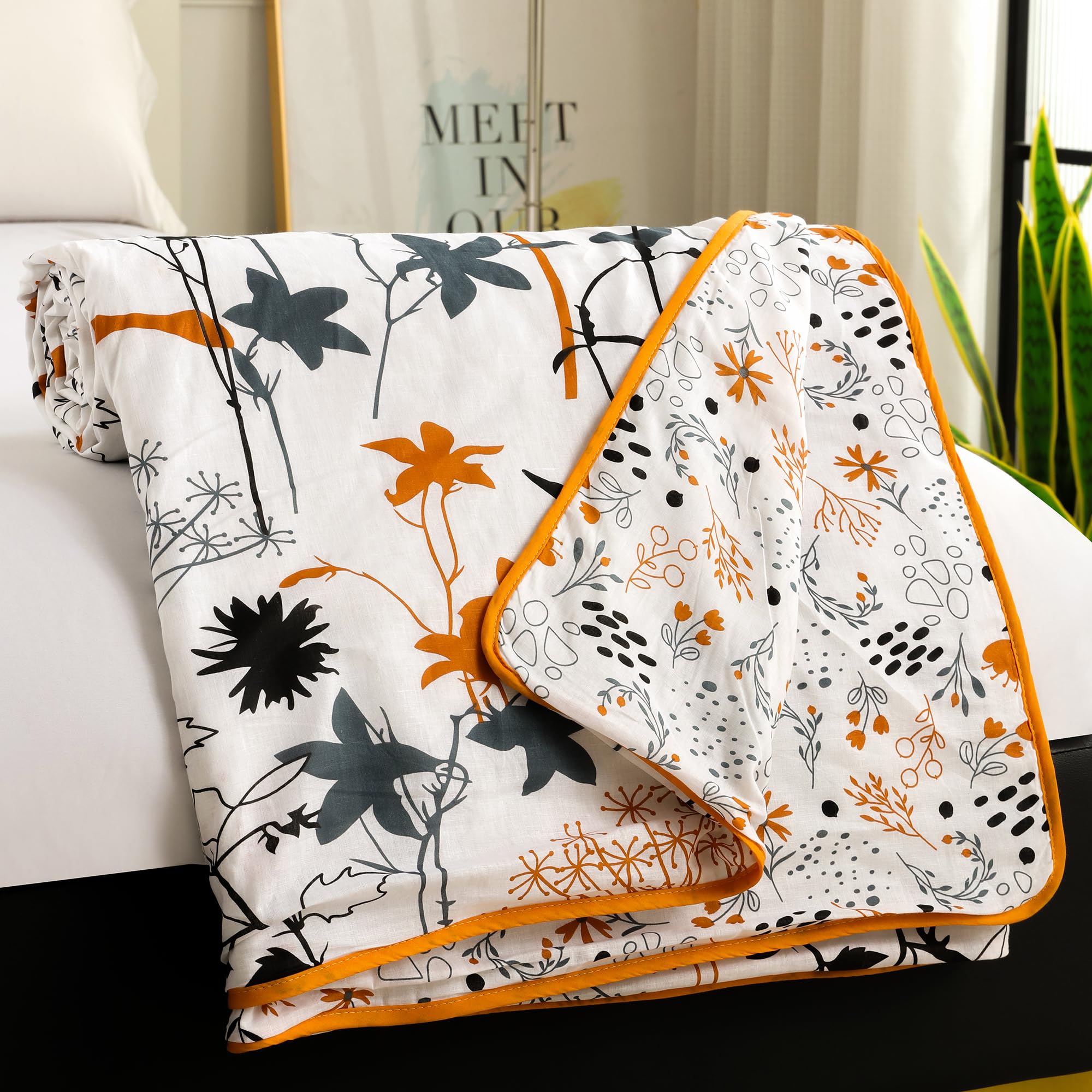 Story@Home Dohar Double Bed Cotton 100% | 150GSM 225 x240 cm Quilt AC Blanket for Summer | AC Comforter Double Bed | White & Yellow Floral Reversible Design Duvet | All-Season Blanket