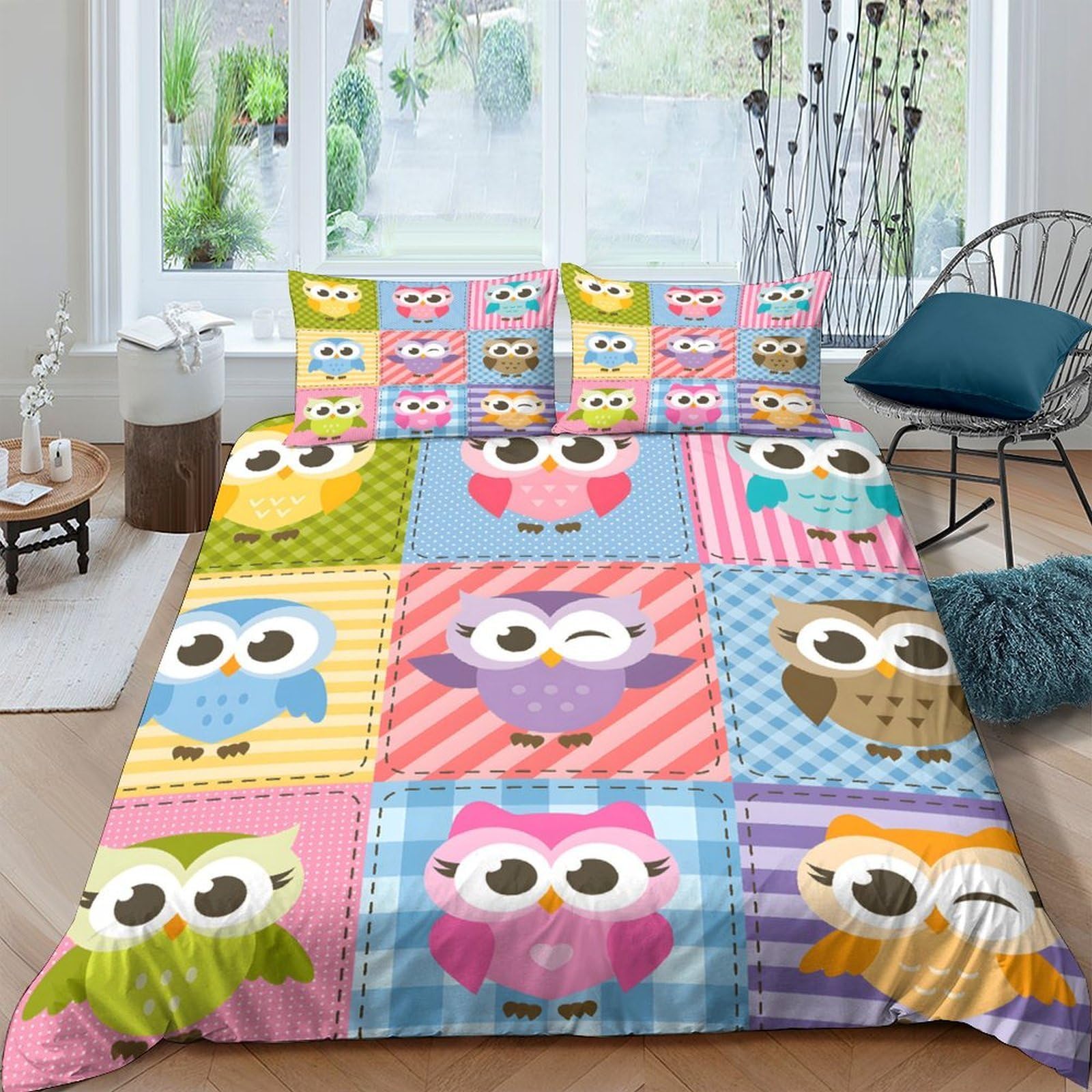 Ctjqhvkz Style-3 3D Printed Colorful Owl Patchwork Fitted Sheet Microfiber Soft Bedroom Decor Cartoon Bird Mattress Cover Washable Single（135X200cm）