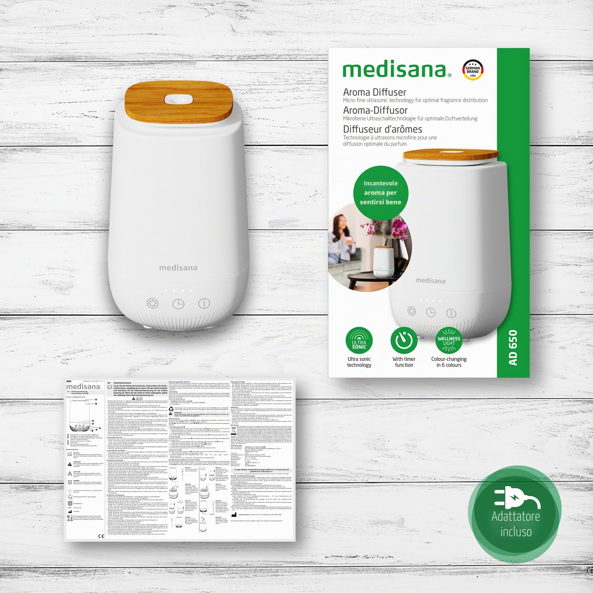 medisana AD 650 diffusore di oli essenziali, umidificatore ambiente | con luce benessere e timer, diffusore profumo ambiente con tecnologia a ultrasuoni per piacevole profumazione dell'ambiente