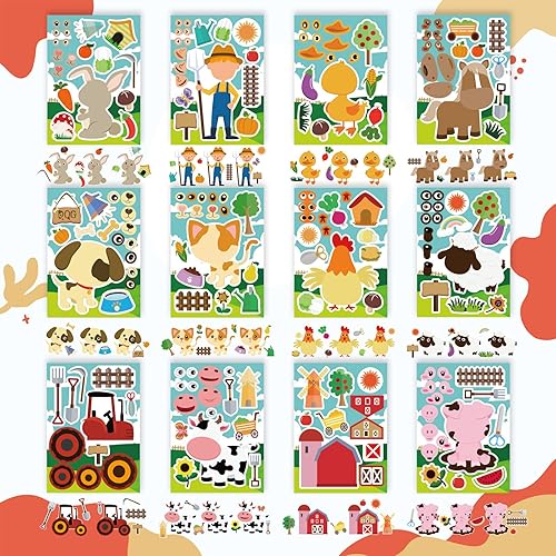 Miniatura 4 de 24 hojas de calcomanías para hacer una cara, hojas de calcomanías de animales de granja hacen tus propias calcomanías para niños con temática de