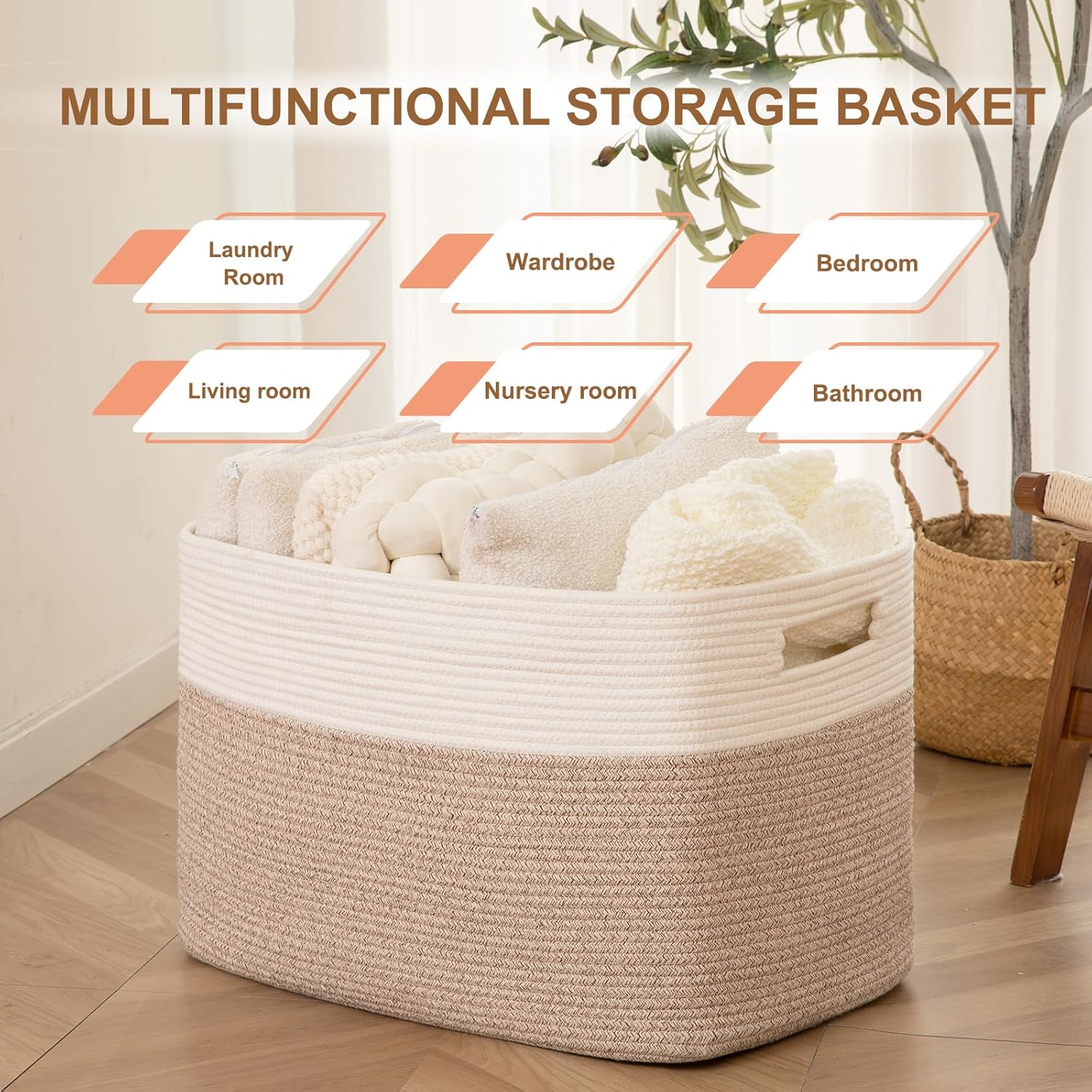 Extra Large Blanket Basket, Toy Basket Bin for Kids, Cotton Rope Woven Storage Basket for Living Room, Nursery, Baby Room Decorative Organizer, 24''×16''×15'', Brown & White