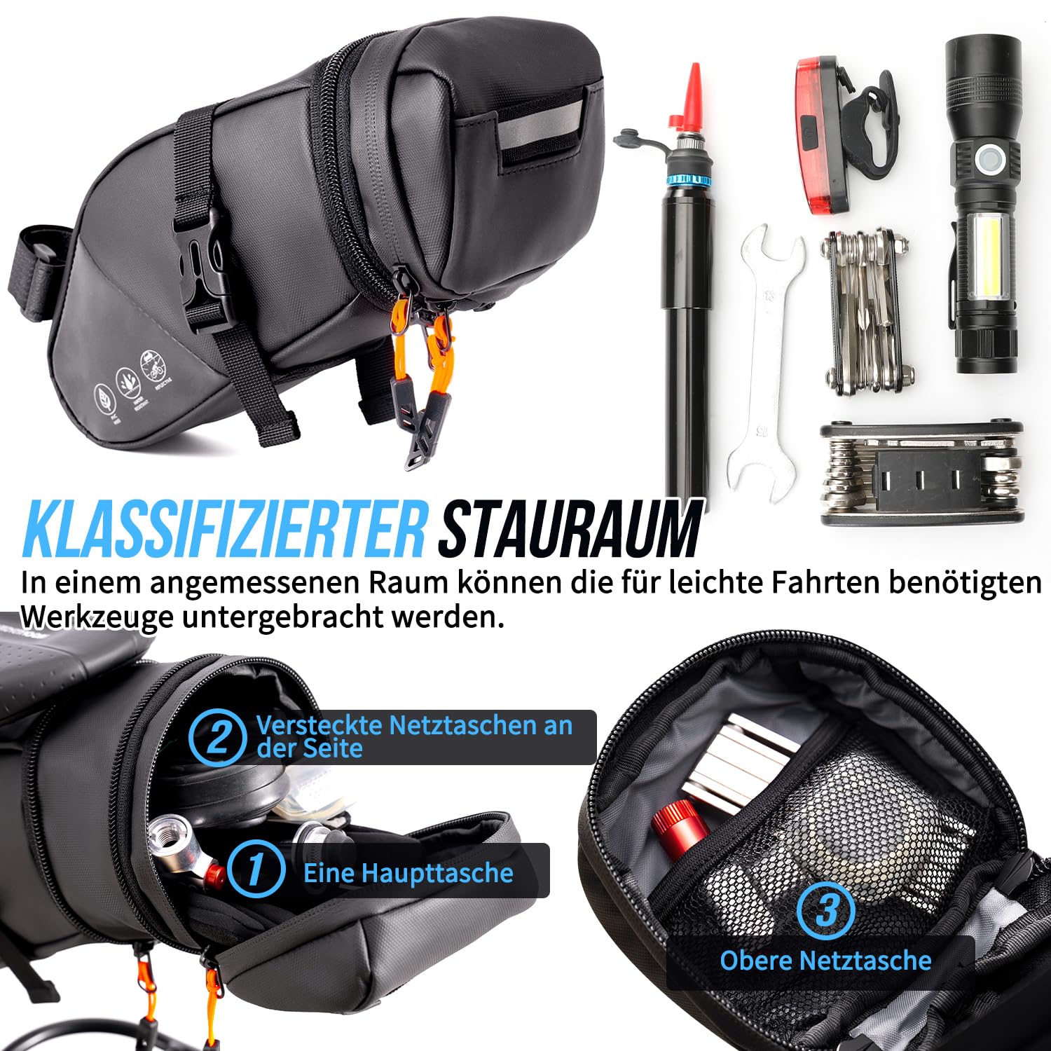 Eyein Fahrrad Satteltasche, Satteltaschen für Fahrrad - Erweiterbar von 1,5L auf 2L Kapazität, Wasserfest beim Leichten Reflektierend Fahrradtasche Fahrradsitz Tasche für Straße Rennrad