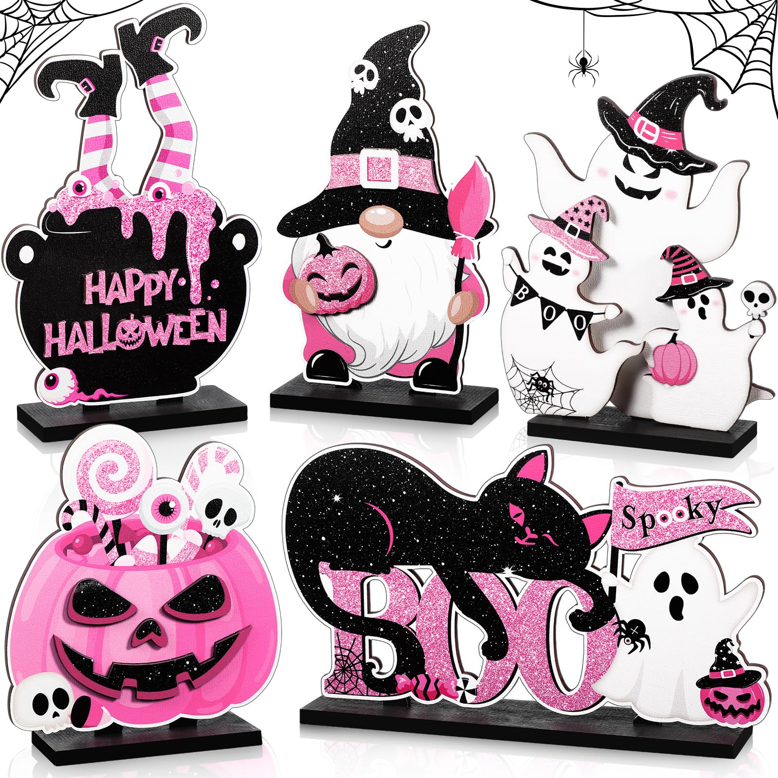 Blosssound 5 Pcs Halloween Table Signs Decor Happy Boo Day Wooden Sign Black and Pink Spooky Gnome Cat Pumpkin Ghost Witch Centerpieces for Halloween Indoor Home Table Party Decorations