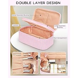 Relavel Cute Makeup Bag for Girls, Portable Pink Cosmetic Bag, Dual-layer Makeup Pouch with Brush Holder, Multi-Functional Preppy Toiletry Organizer for Travel, Daily Use - Pink Strip
