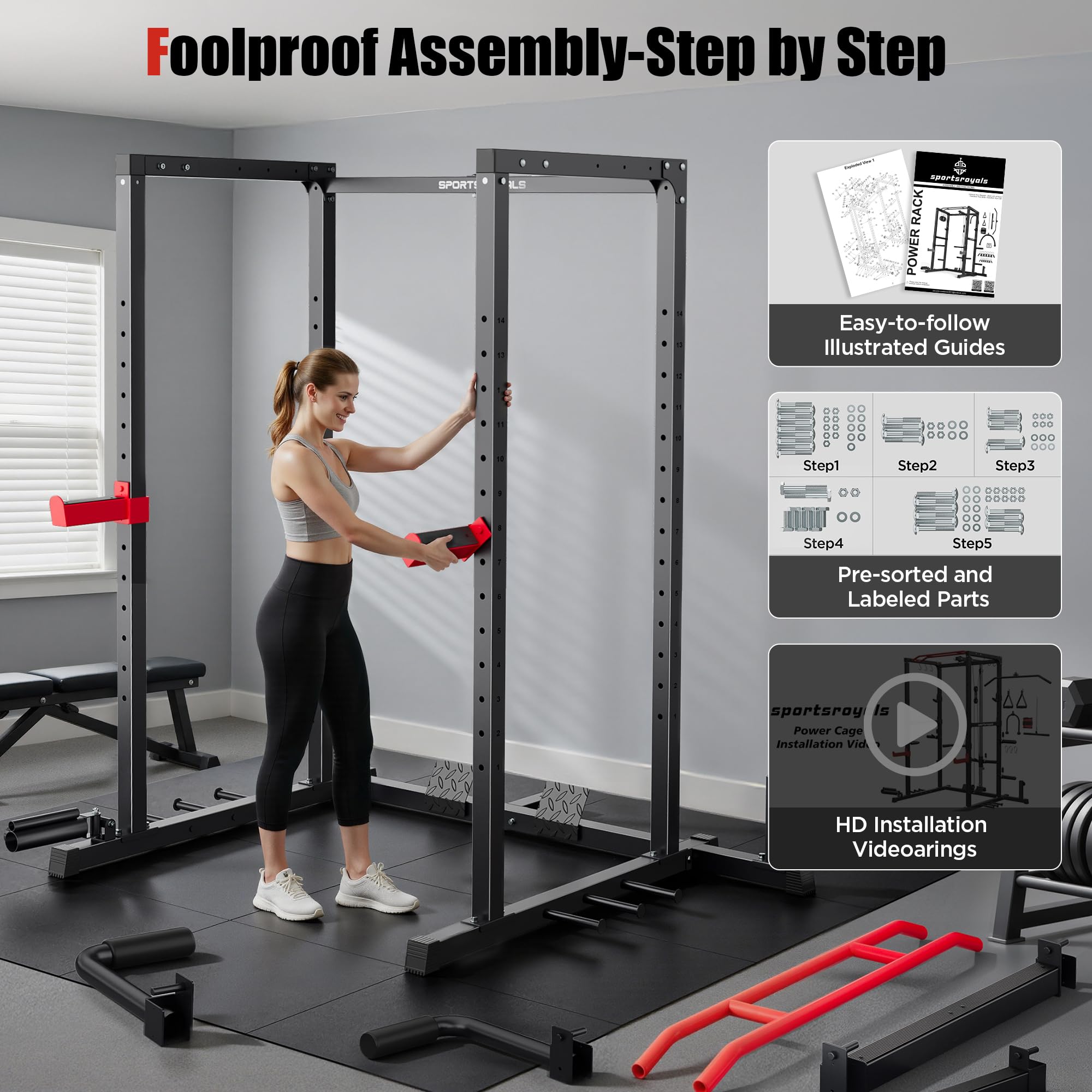 Sportsroyals Power Cage - Estante de potencia de 1600 libras con cable ajustable cruzado, estante multifunción para sentadillas con sistema de polea y accesorios de entrenamiento para gimnasio en casa