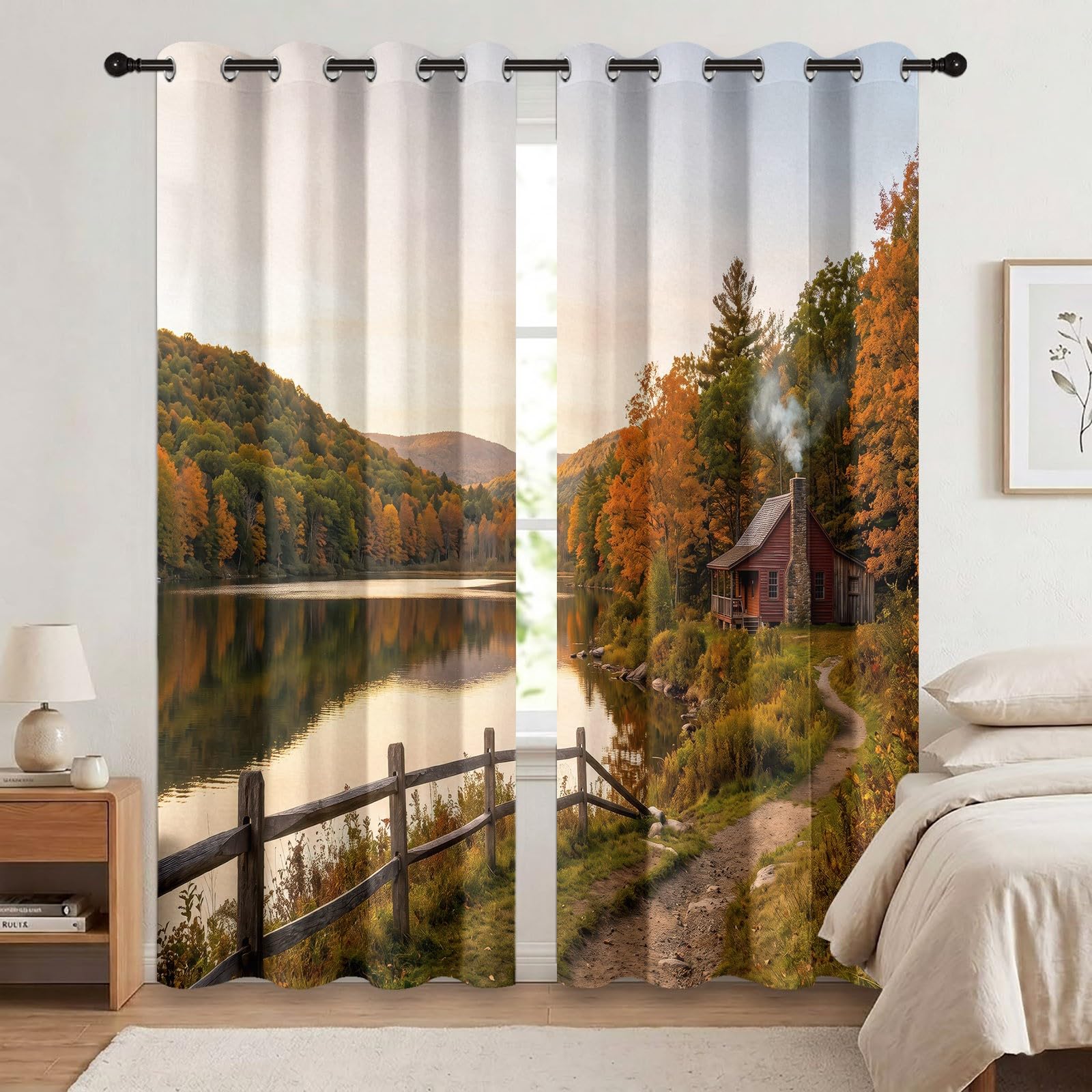 Rideaux Occultants Plante 75L X 166H cm (2 Panneaux), Isolation Thermique Fixation par Oeillets Coucher De Soleil d'automne Rustique & Cabane pour Salle De Séjour, Marron