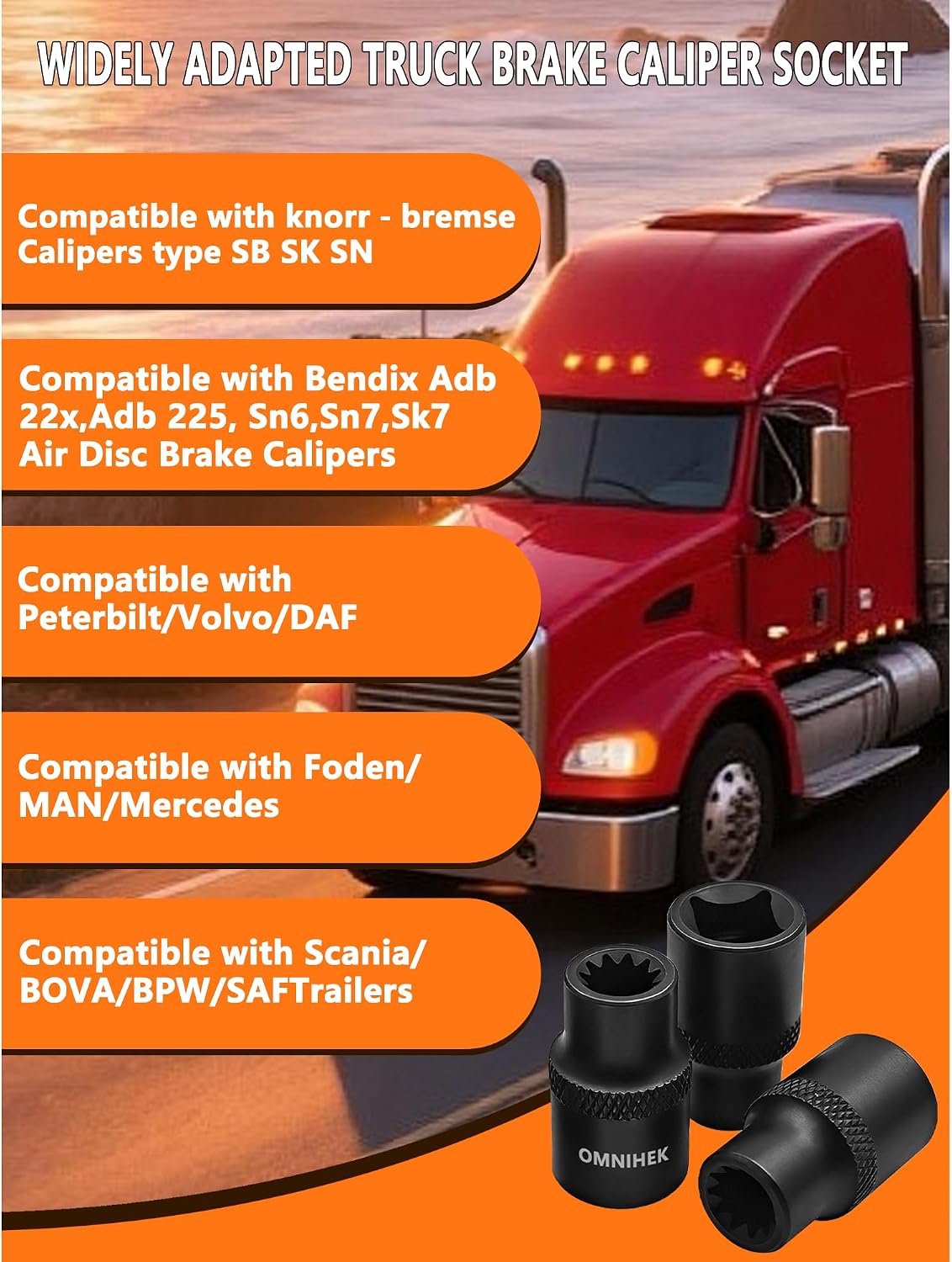 4PCS 3/8" Drive 11-Point Truck Brake Caliper Socket Kit for Volvo Peterbilt DAF Foden MAN Mercedes Scania BOVA BPW SAF Trailers & European Trucks, Socket for Knorr-Bremse SK SN SB Calipers