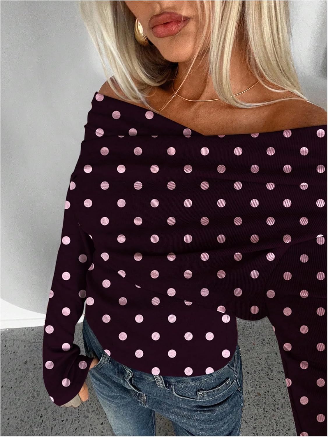 Floerns Women's Polka Dots Off The Shoulder Tops Long Sleeve Fitted T Shirts Fall Outfits - Image 4