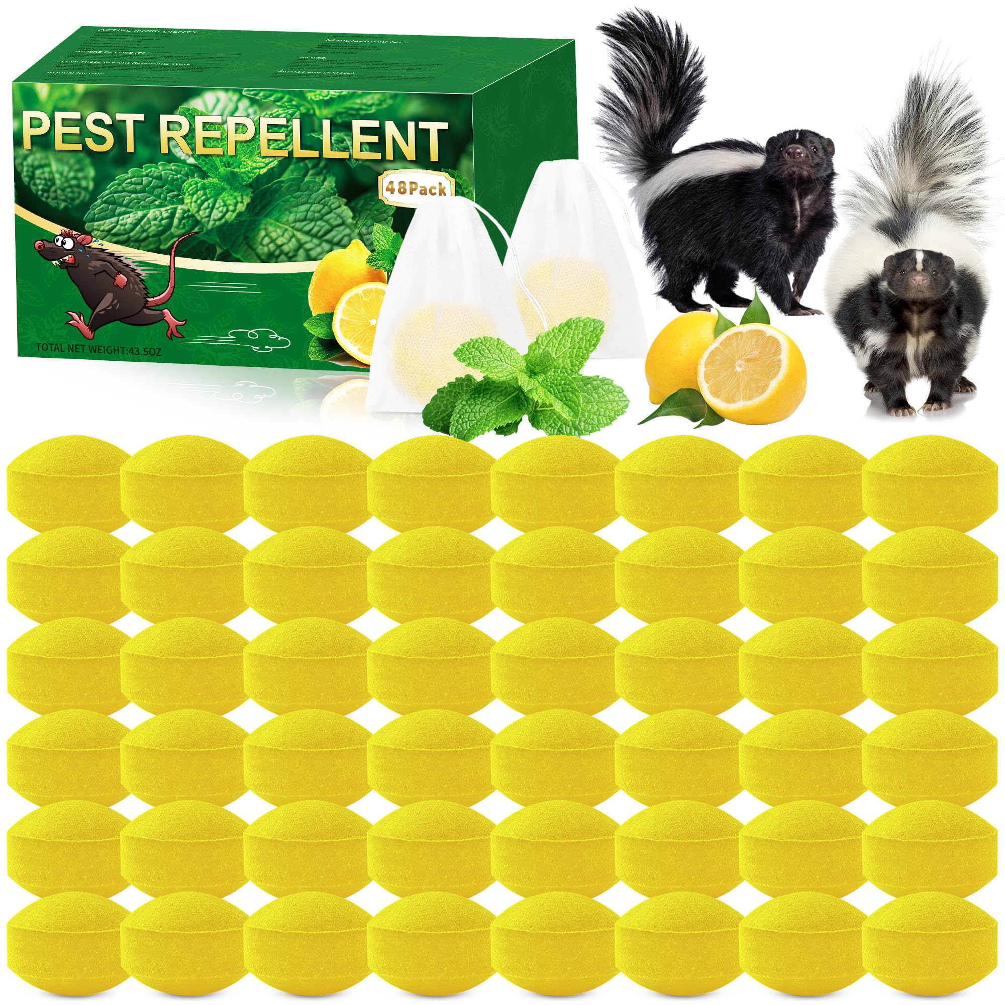 Confezione da 48 repellenti per skunk per cortile, olio di menta piperita naturale, deterrente per procioni, per esterni, patio, giardino, veranda, fattoria, animali domestici e umani, giallo