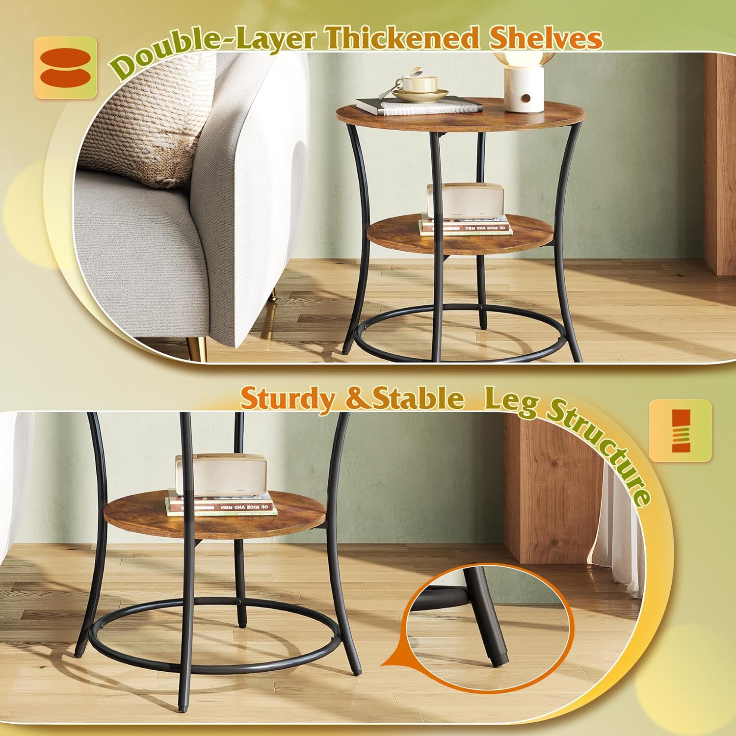 WLIVE Side Table, Round End Table with 2 Storage Shelves for Living Room, Bedroom, Nightstand with Steel Frame for Small Spaces, Accent Coffee Table, Rustic Brown