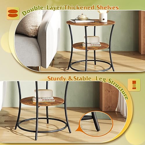 Miniatura 4 de WLIVE Mesa auxiliar, mesa auxiliar redonda con 2 estantes de almacenamiento para sala de estar, dormitorio, mesita de noche con marco de acero para