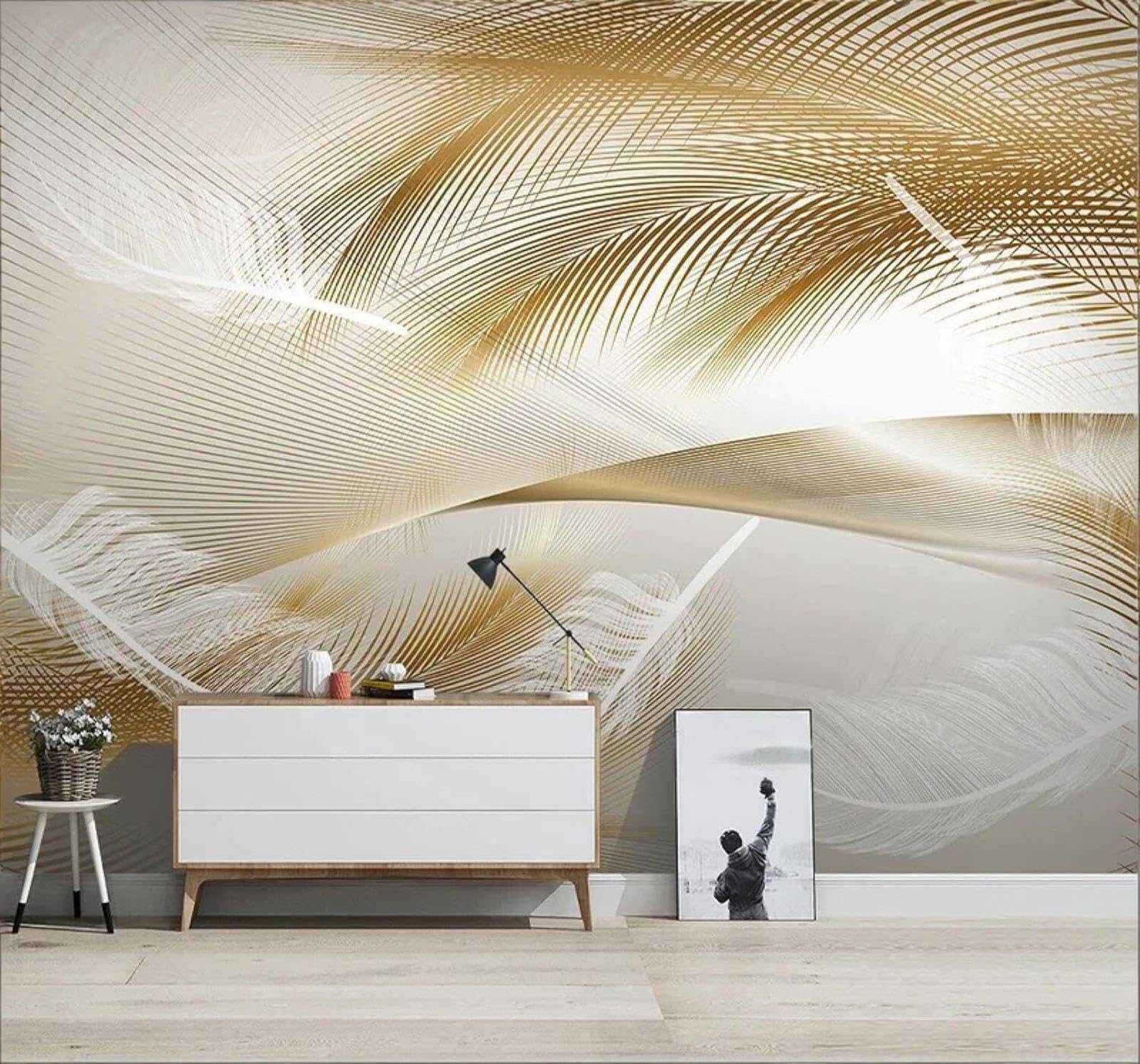 XLMING Abstract Gold Feathers Lines Art 3D Wallpaper Luxury Silk Study Dining Feature Sofa Grey Bedroom Living Room Tv Decorative Wall-200cm×140cm