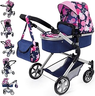 Bayer Design Design-18169AA 18169AA Cochecito de Muñecas City Neo, con Bolso, transformable, Altura Regulable, Plegable, Moderno, Color Azul con Estrellas