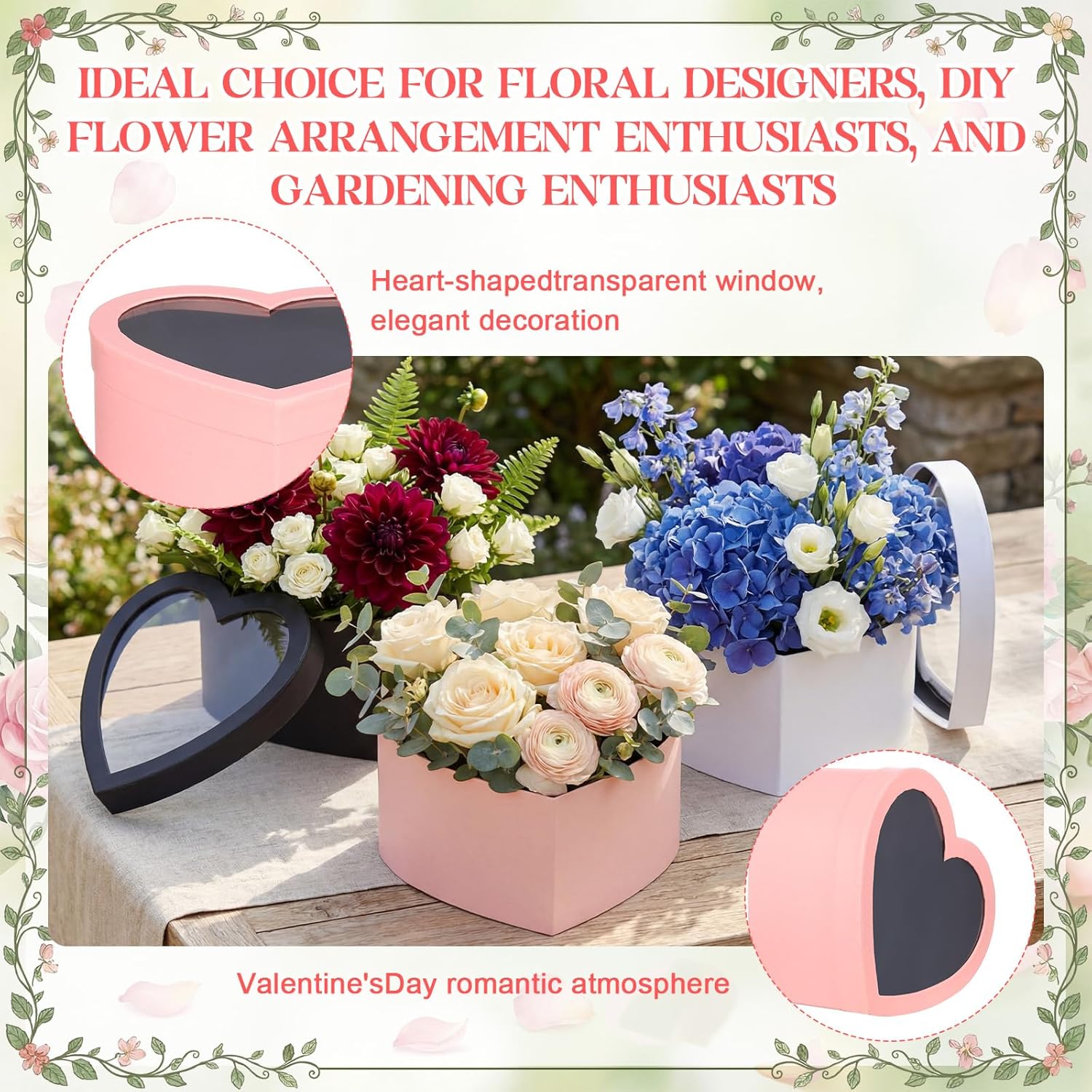 Kolldenn 3 Pack Heart Shaped Flower Gift Boxes with Lids and Floral Foam, Heart Boxes for Flower Transparent Lid Gift Box 9.8 x 9 x 5 Inches Packaging for Anniversaries Birthday Wedding Mother's Day