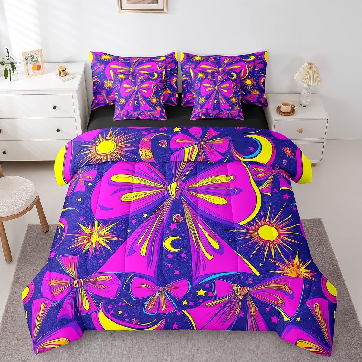 Erosebridal Trippy Bowknot Bed in A Bag for Kids Teen Adults,Purple Yellow Bow Bedding Set Hippie Style Butterfly Knot Twin Comforter Set 7 Piece Stars Moon Sun Sheet Set with Comforter