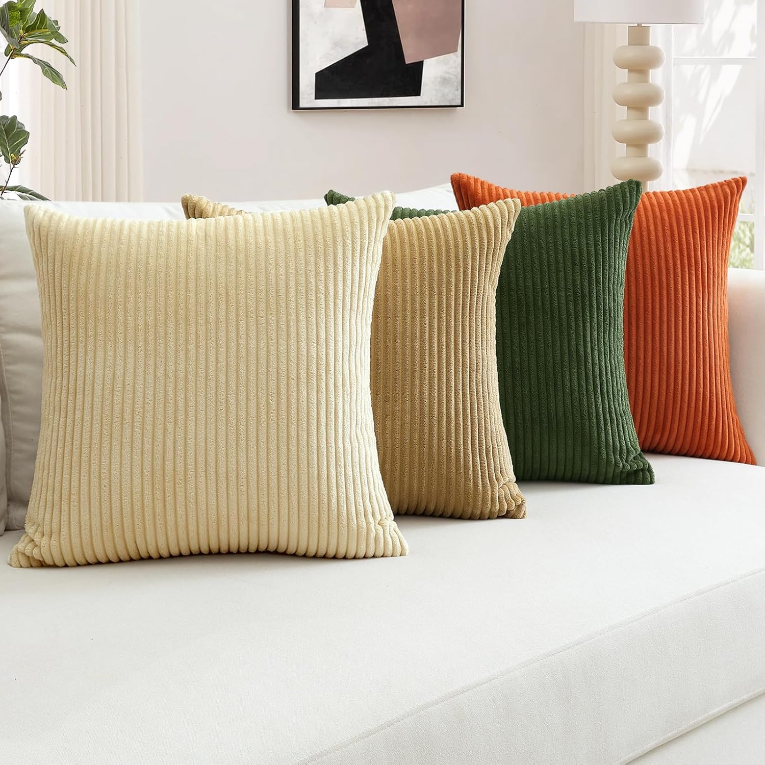 OTOSTAR Set of 4 Modern Decorative Throw Pillow Covers 24x24 Inch Soft Corduroy Boho Farmhouse Cushion Covers Mix and Match Square Pillowcase for Home Couch Bed Decor (Green Orange Brown Beige)