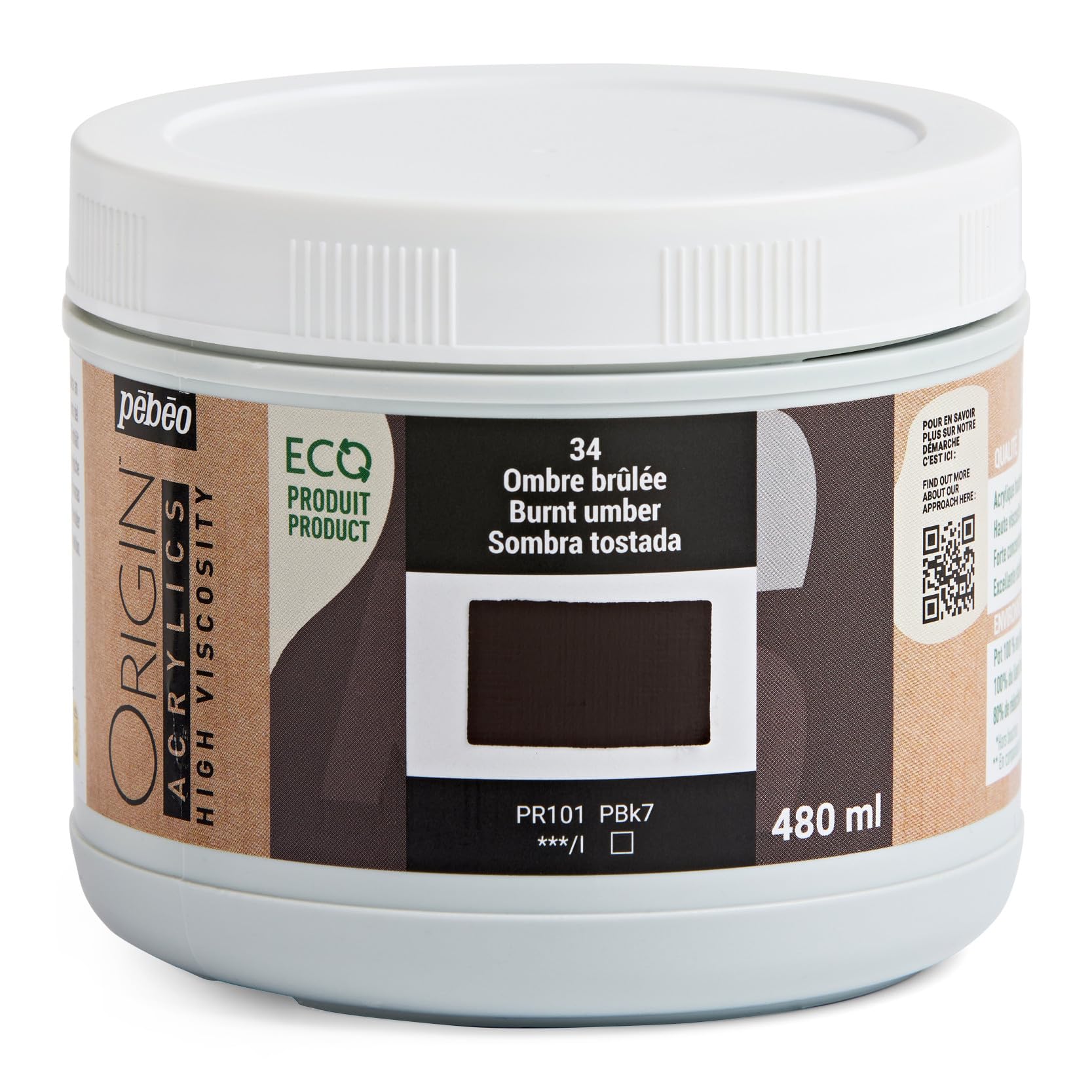PEBEO - Origin Acrylics 480 ml - Eco-designed Acrylic Paint - High Viscosity - Matt Finish - 100% Recycled Binder - 96% European Origin Raw Materials - Burnt Umber