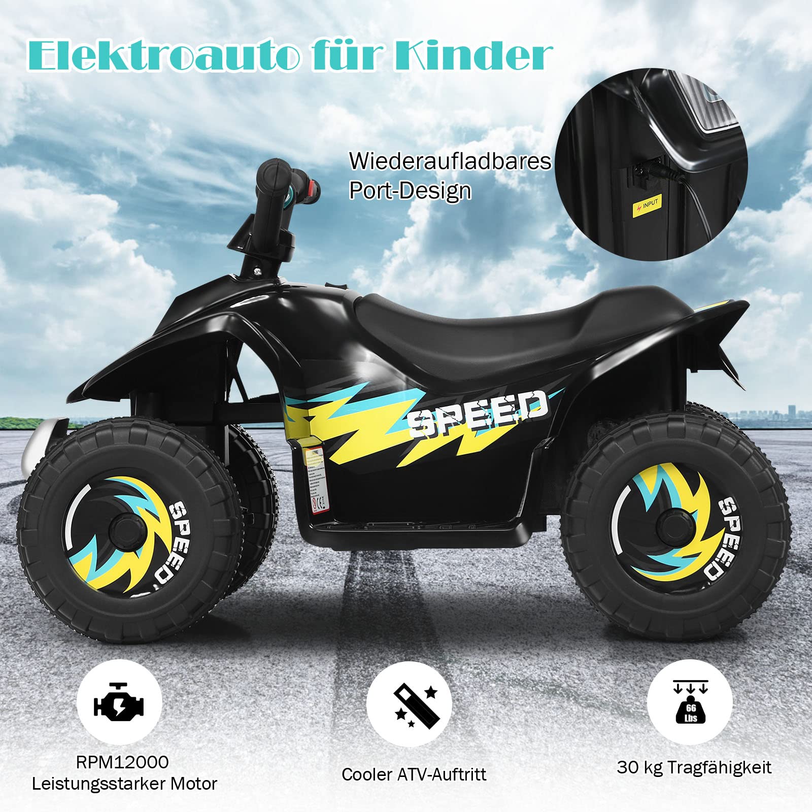 GOPLUS 6V Elektro Quad Kinder, Kinderfahrzeug mit Vor- und Rückwärtsschalter, Kinderquad mit bequemem Sitzplatz, Miniquad Kinderauto aus PP & Stahl, Elektro Motorrad für Kinder ab 3 Jahre (Schwarz)