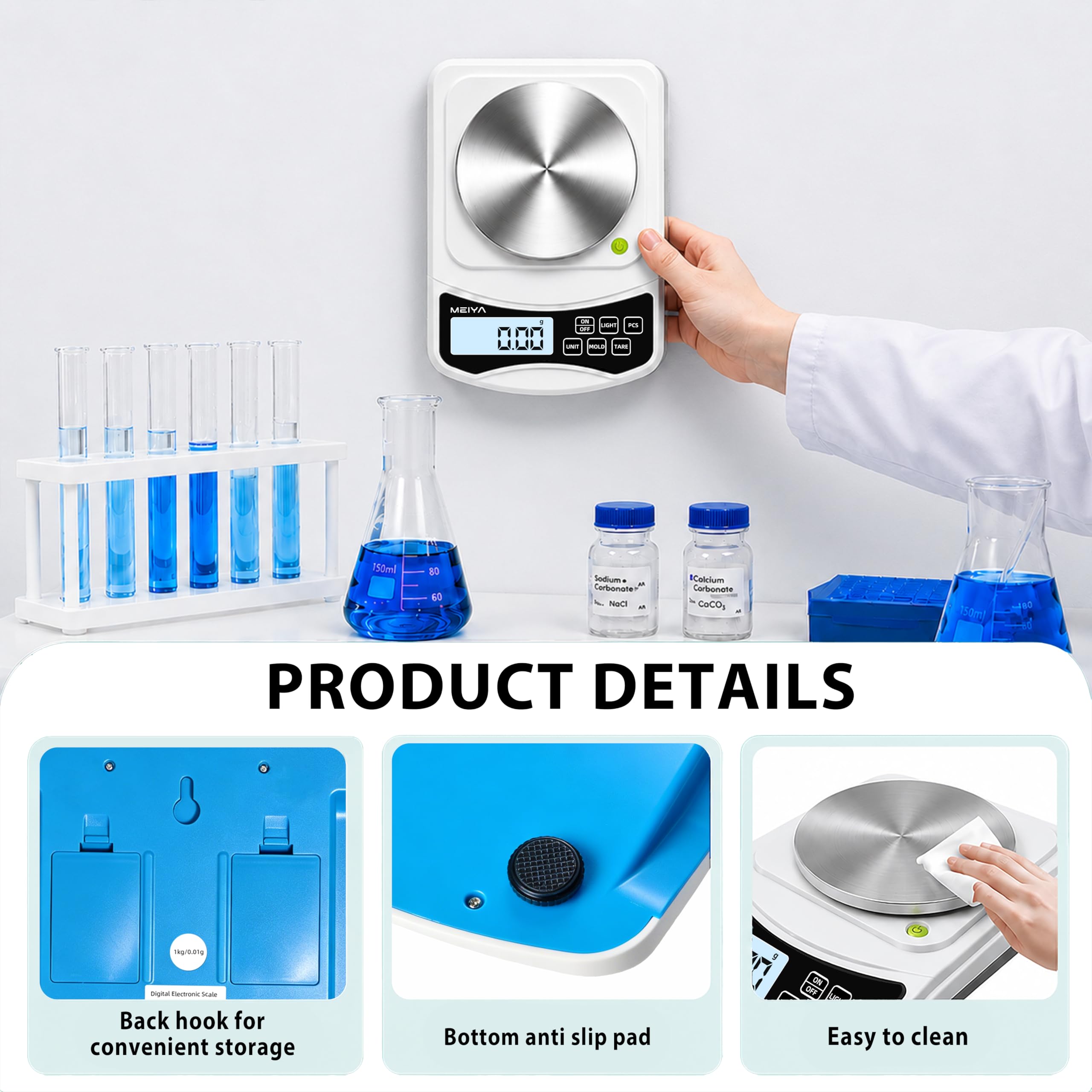 MEIYA Báscula digital de laboratorio, precisión de escala de 1000 g por 0,01 g, escala electrónica multifunción de alta precisión (incluye 100 g de peso y 2 pilas AAA), escala de equilibrio aprobada